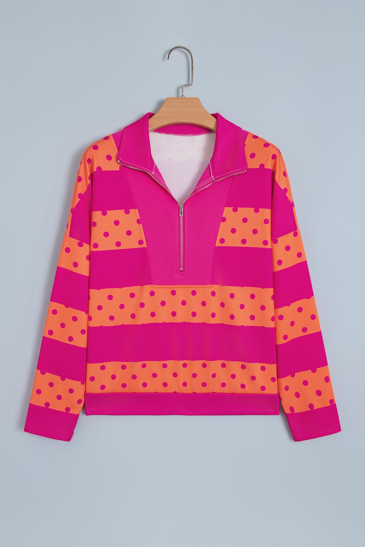 Brown Stripe Patchwork Polka Dot Accent Quarter Zip Long Sleeve Top