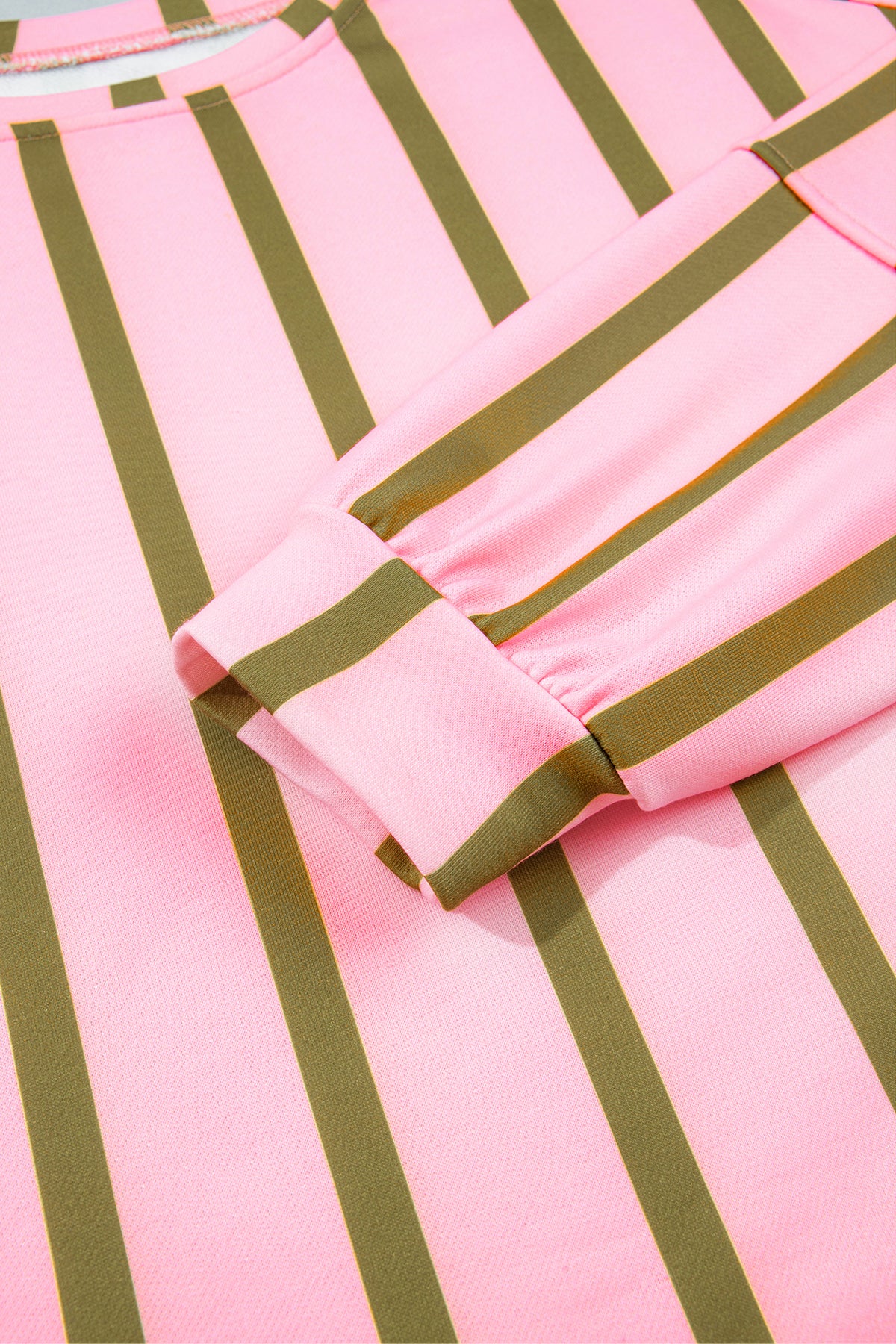 Pink Stripe Dropped Shoulder Round Neck Casual Sweatshirt