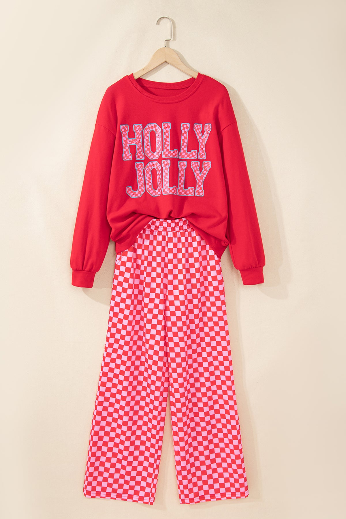 Pink Christmas Slogan Graphic Plaid Contrast Two-piece Pant Set