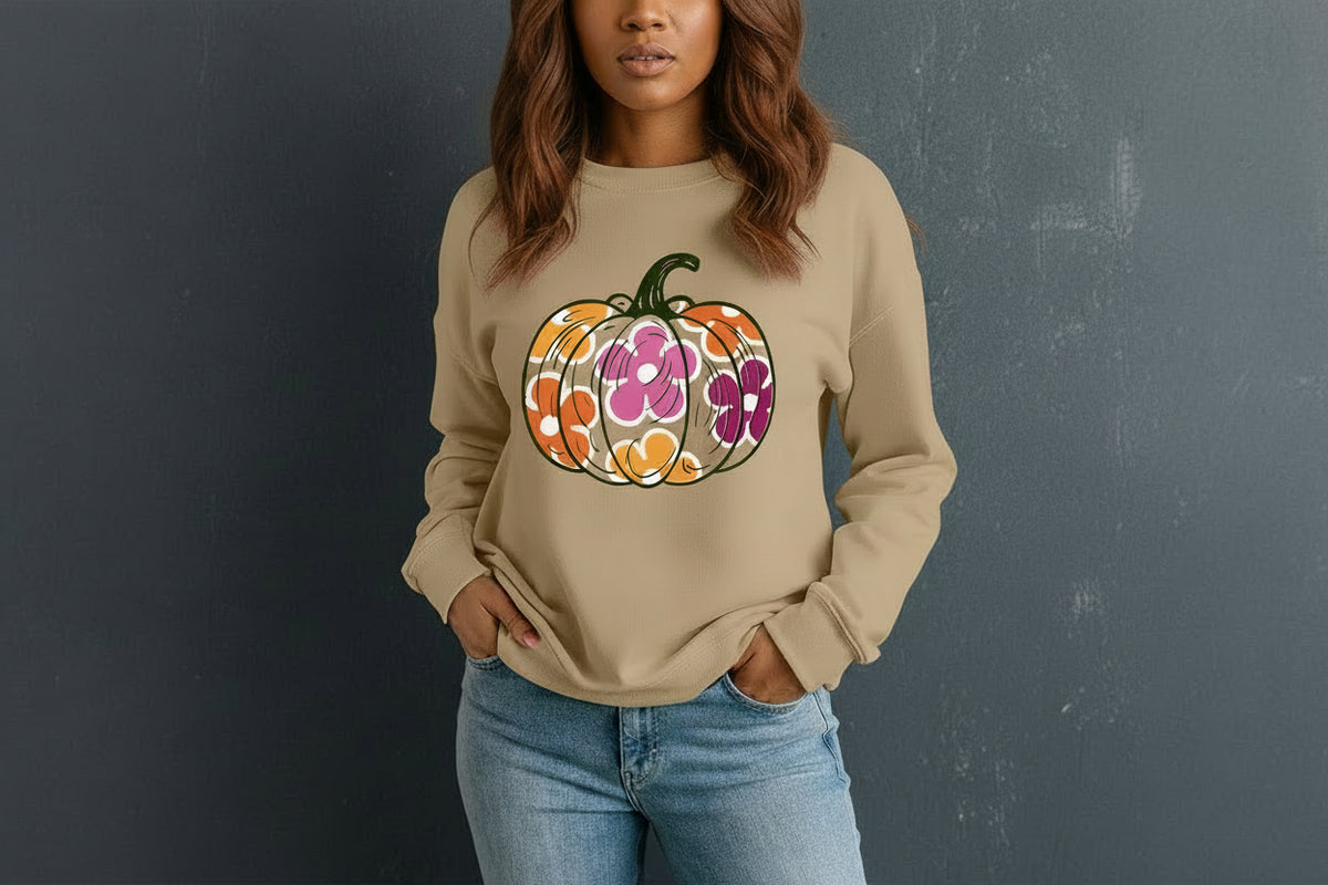 Khaki Halloween Floral Pumpkin Graphic Drop Shoulder Sweatshirt
