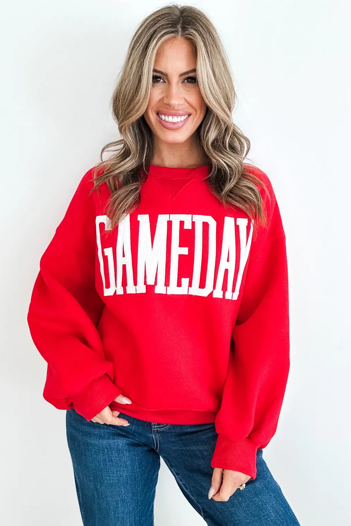 Fiery Red GAMEDAY Embroidered Patch Pattern Casual Shift Sweatshirt