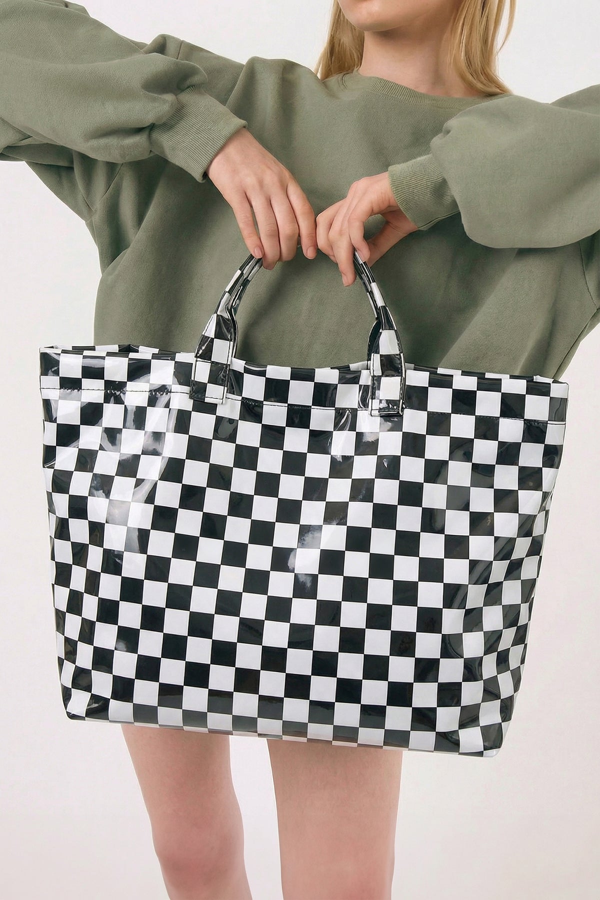 Orchid Eyelet Flower Pattern PVC Glossy Waterproof Tote Bag