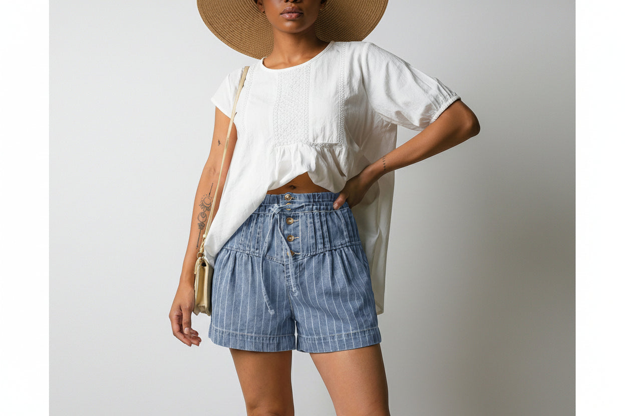 Sky Blue Stripe Drawstring Button Pleated High Waist Denim Shorts