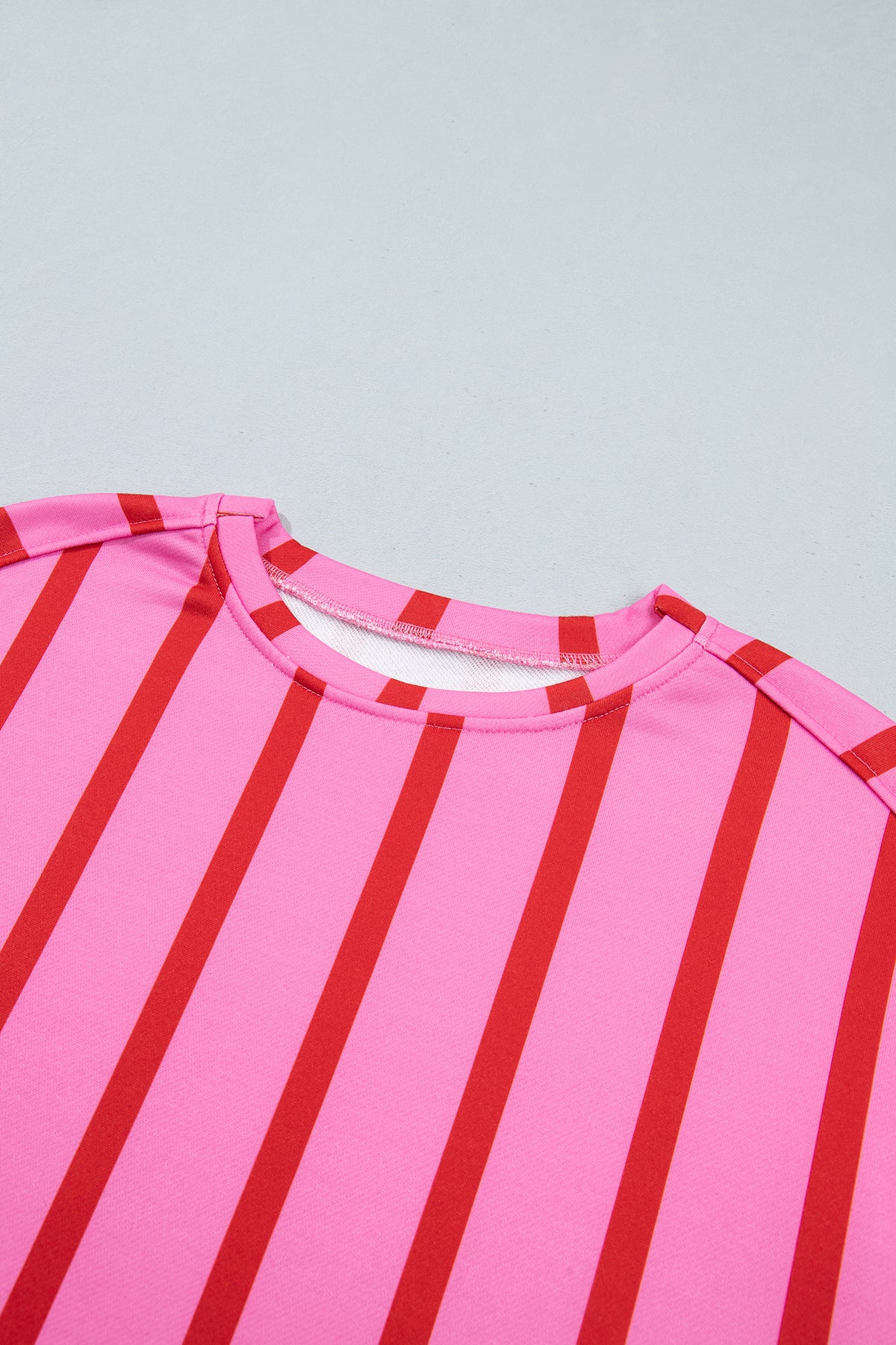 Pink Stripe Dropped Shoulder Round Neck Casual Sweatshirt