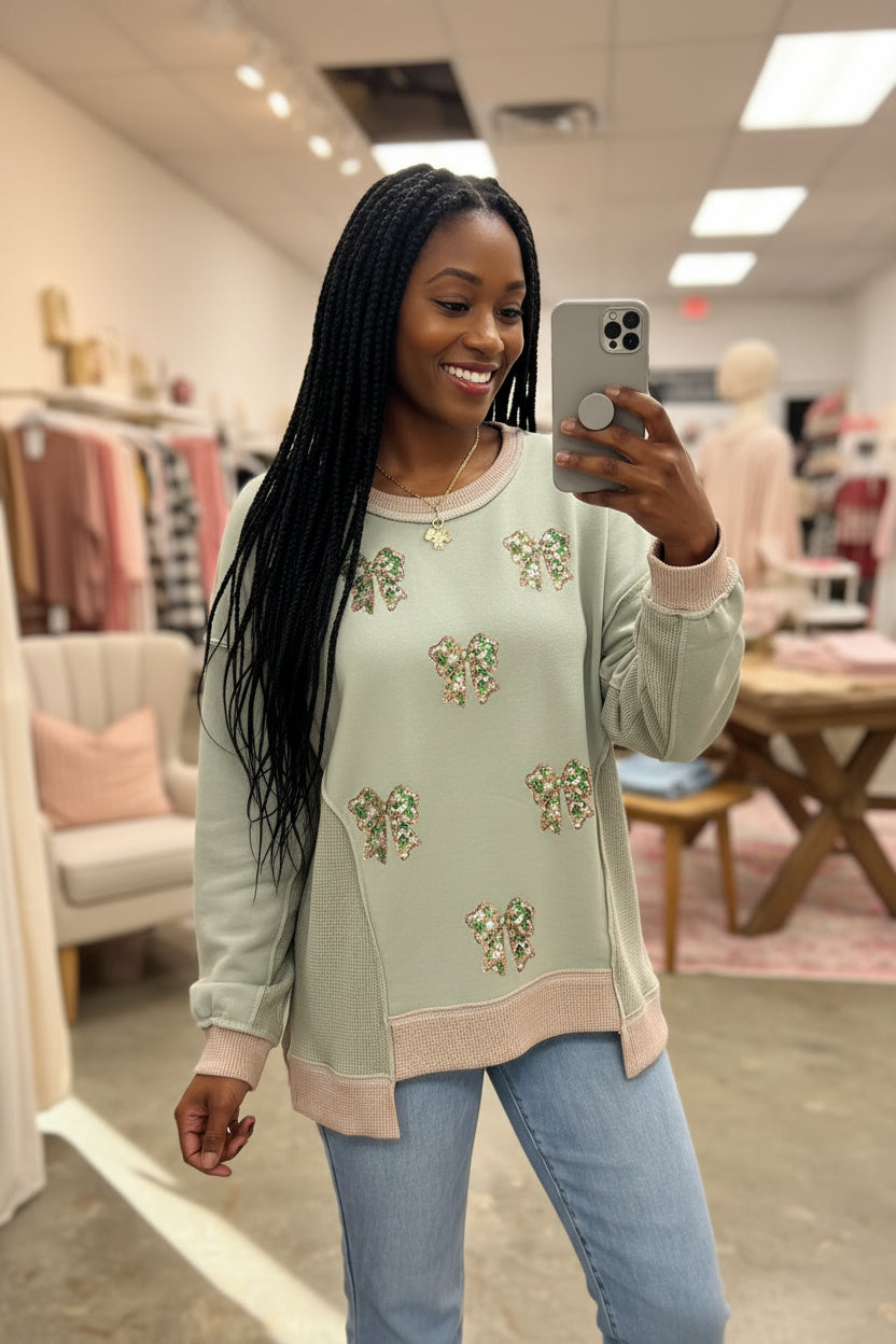 Smoke Green Sequin Bow Patchwork Waffle Colorblock Loose Sweatshirt