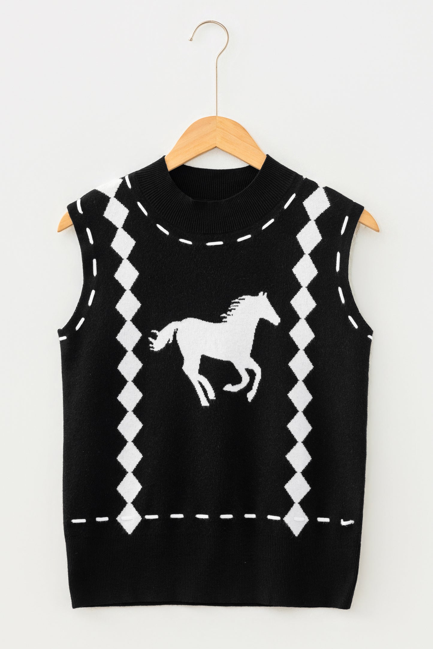 Black Western Horse Geometric Print Mock Neck Sweater Vest