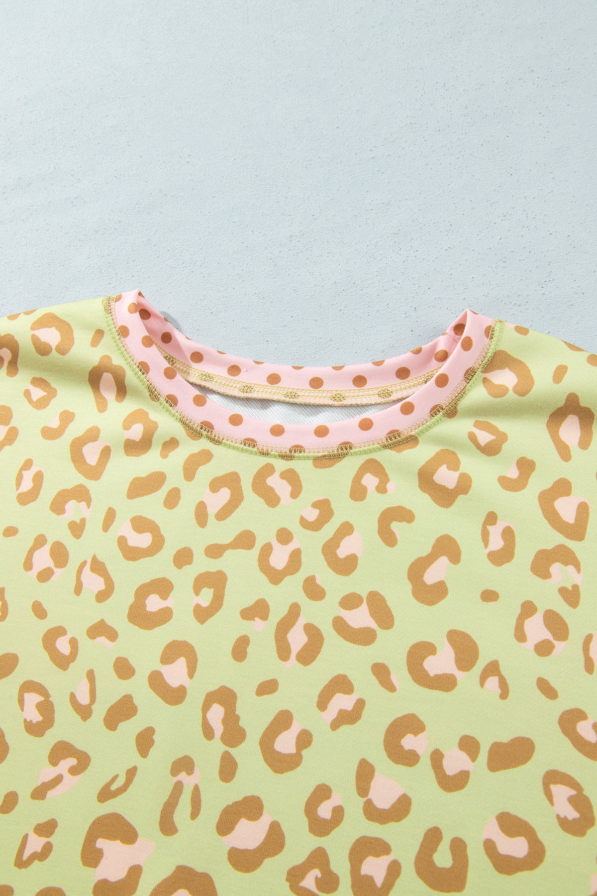 Brown Plus Size Leopard Print Contrast Polka Dot Trim Long Sleeve Top