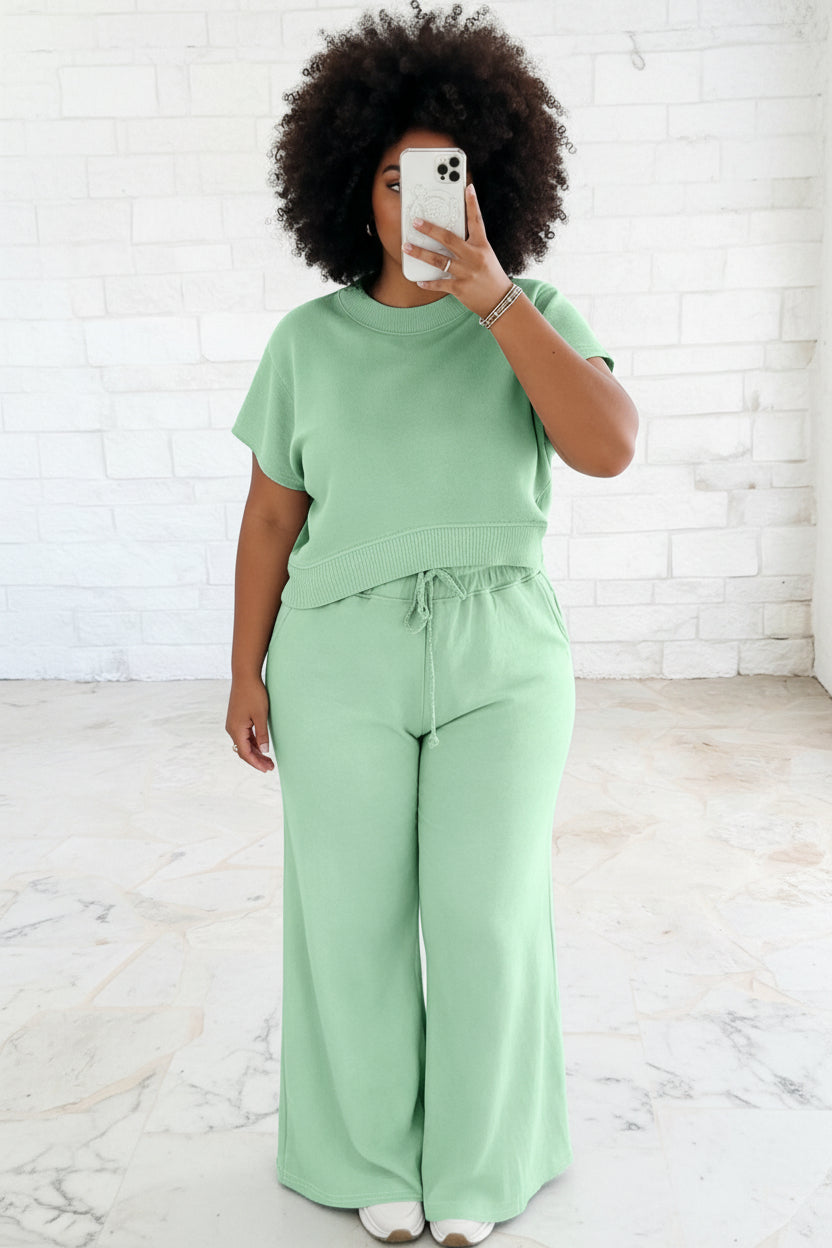 Clearly Aqua Solid Color Ribbed Trim Short Sleeve Top Drawstring Loose Pants 2pcs Outfit