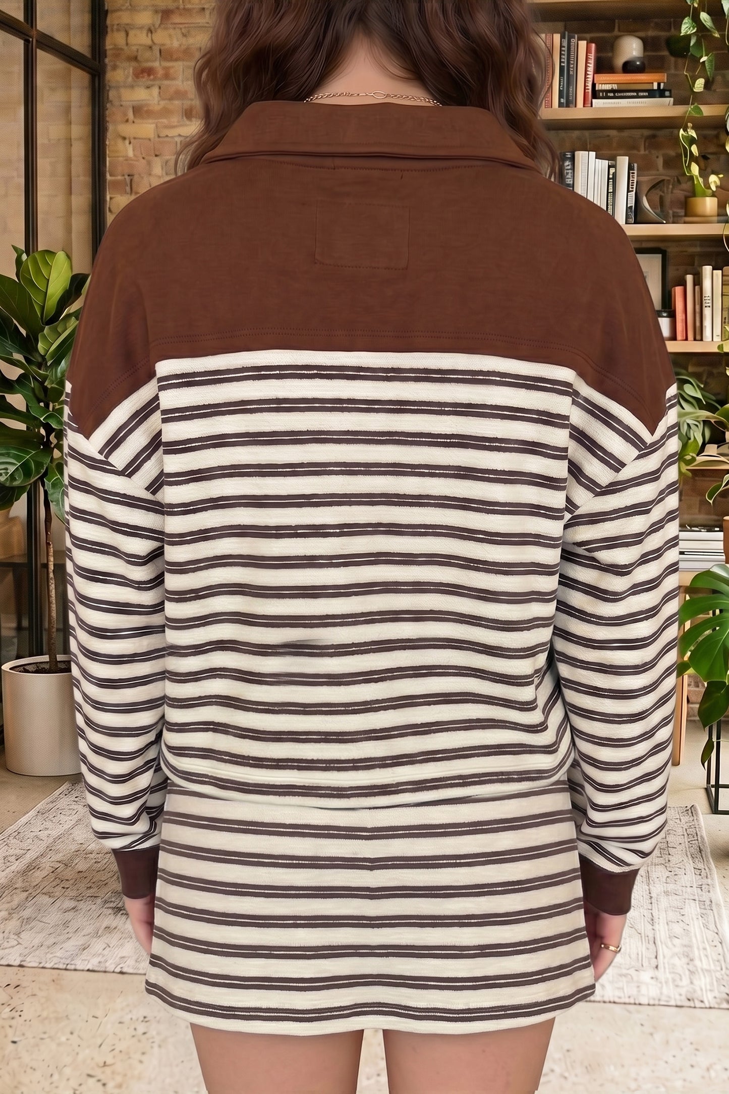 Brown Stripe Contrast Trim Button Neck Long Sleeve Top Drawstring Mini Skirt Set