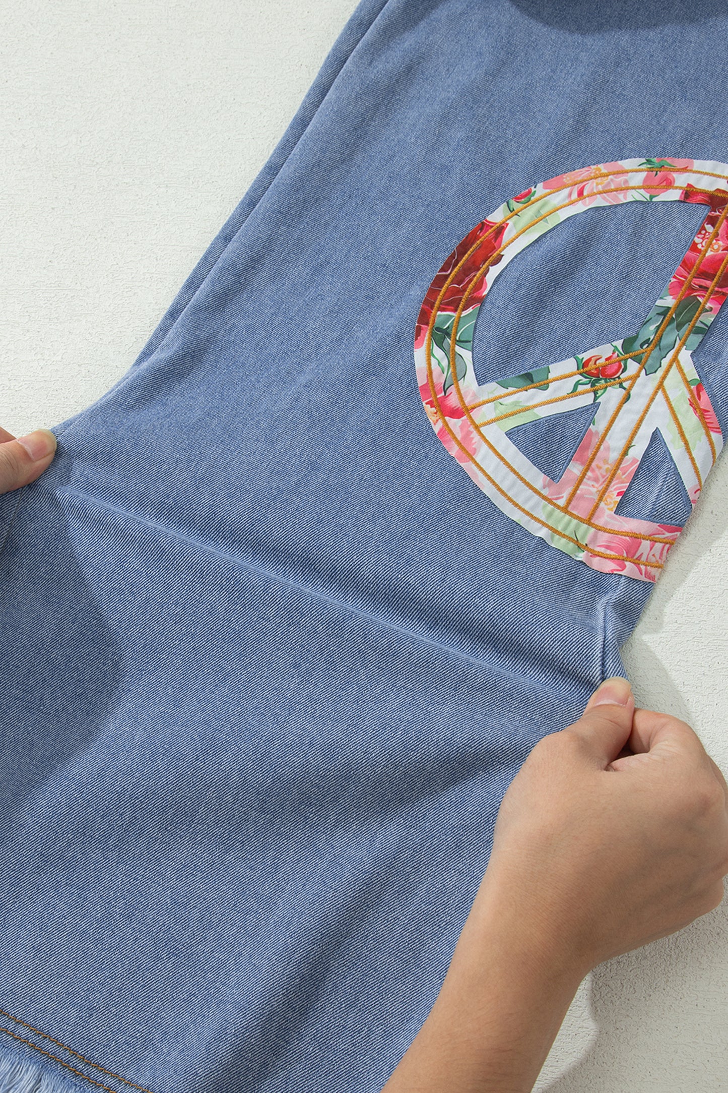 Myosotis Floral Peace Sign Embroidered Patch Wide Leg Jeans