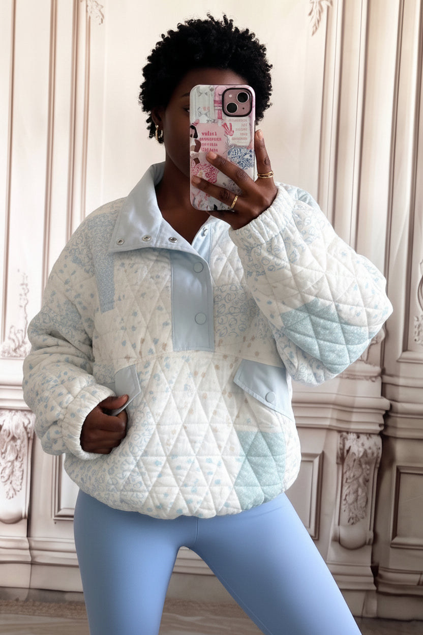 Multicolour Floral Quilted Half Button Pocketed Pullover Sweatshirt
