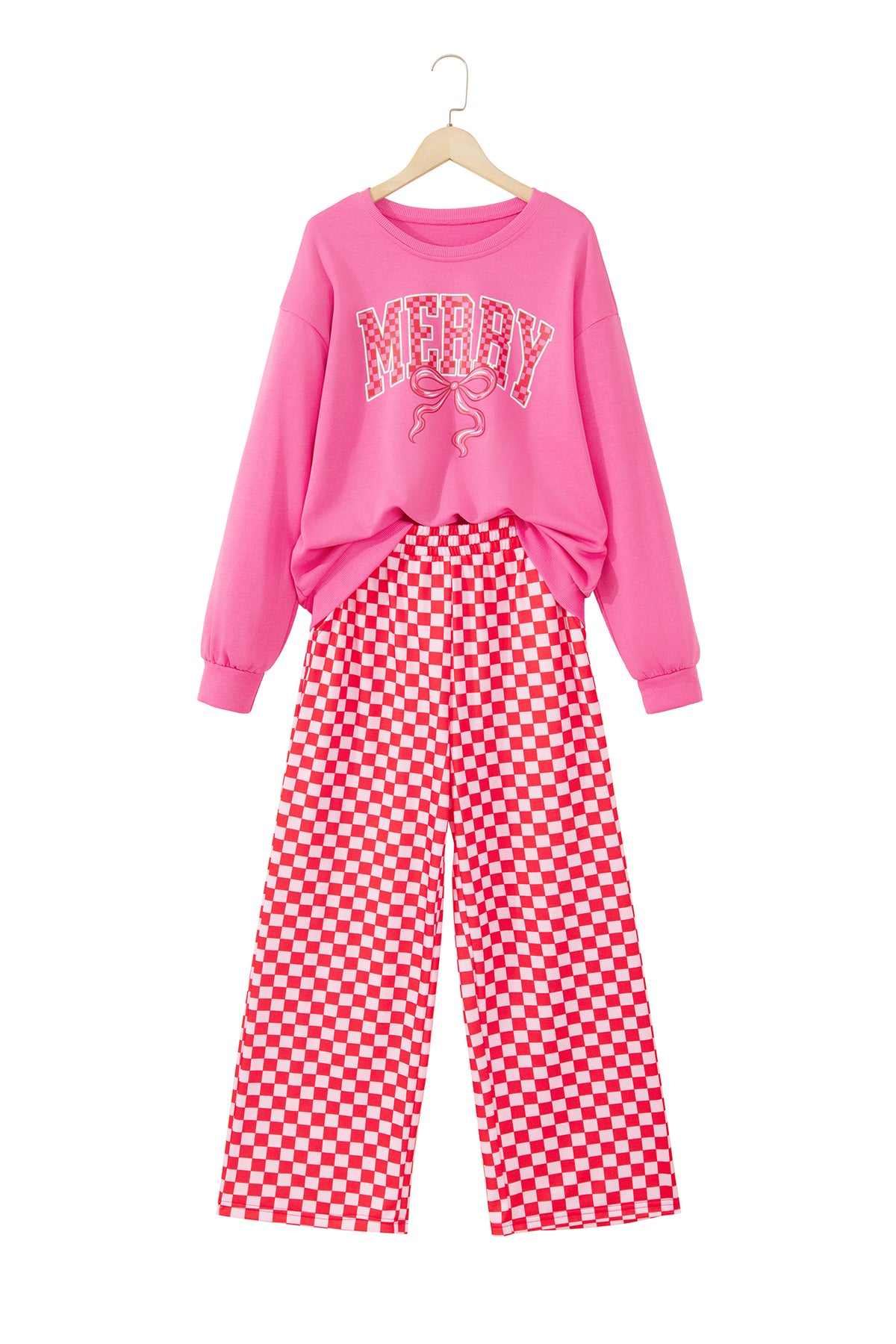 Pink Christmas Slogan Graphic Plaid Contrast Two-piece Pant Set