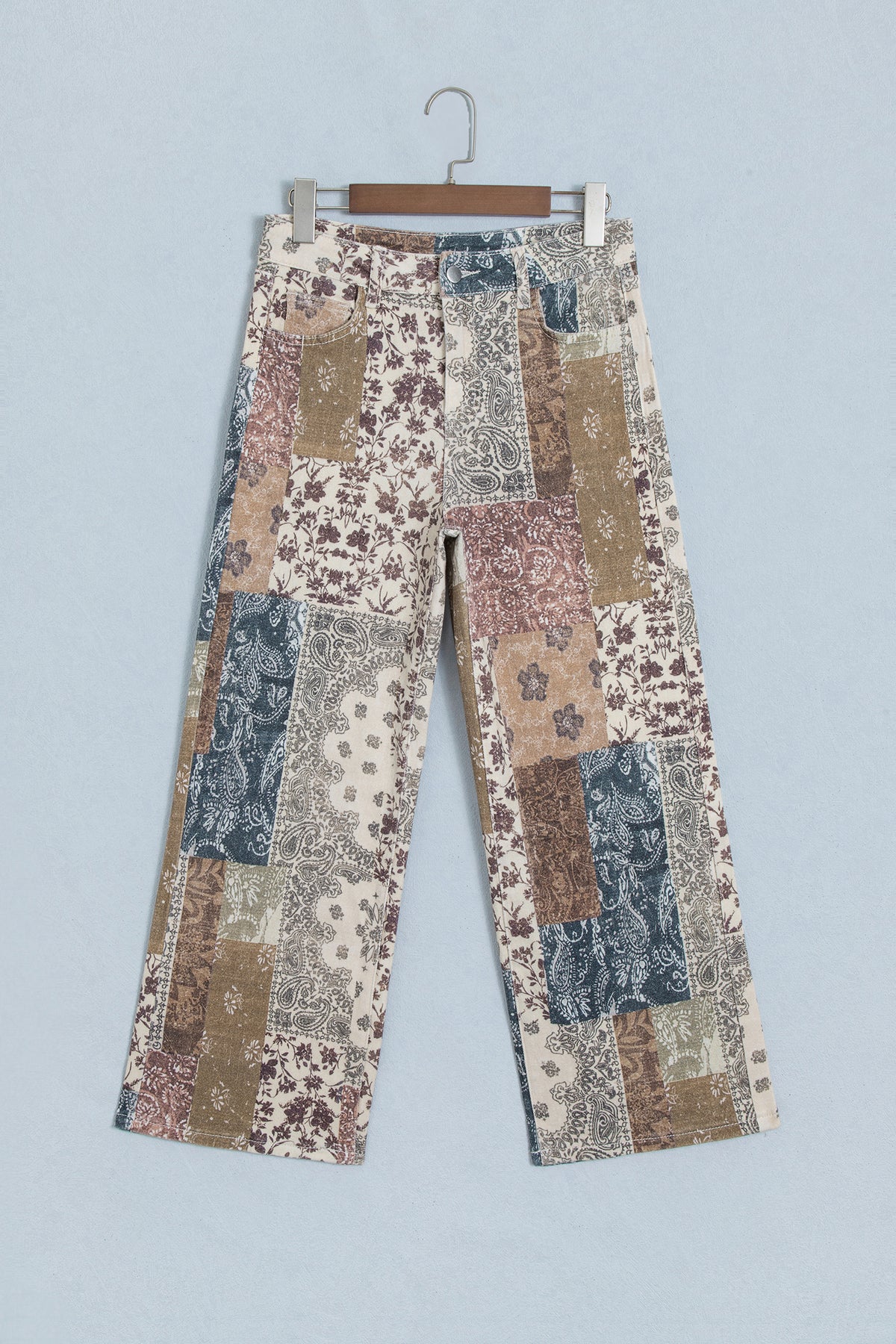 Khaki Patchwork Print Casual Shift Jeans