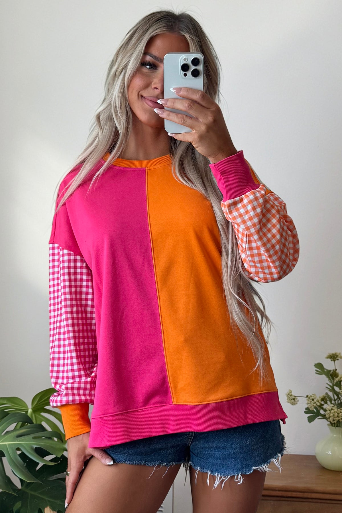 Rose Red Colorblock Gingham Sleeve Crewneck Sweatshirt