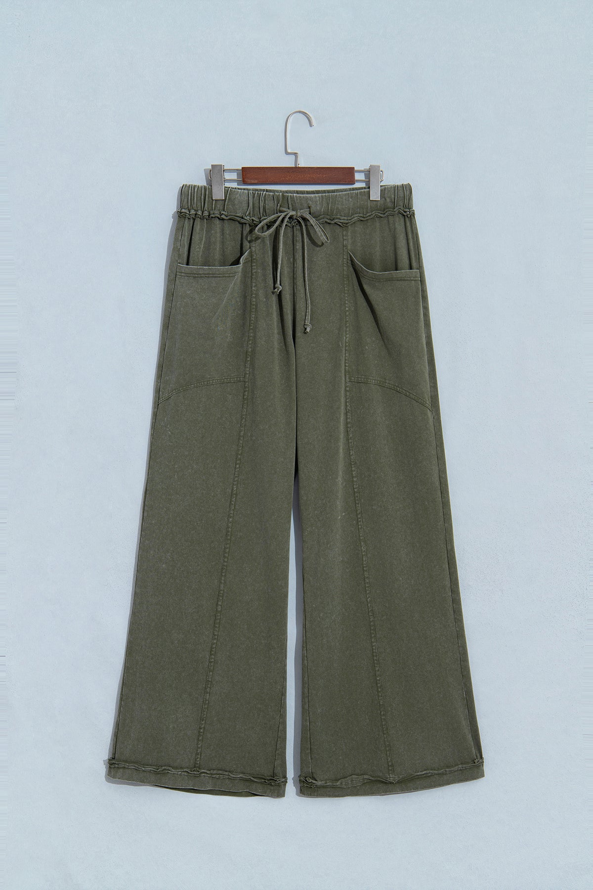 Jungle Green Mineral Wash Seam Detail Flare Leg Drawstring Pants