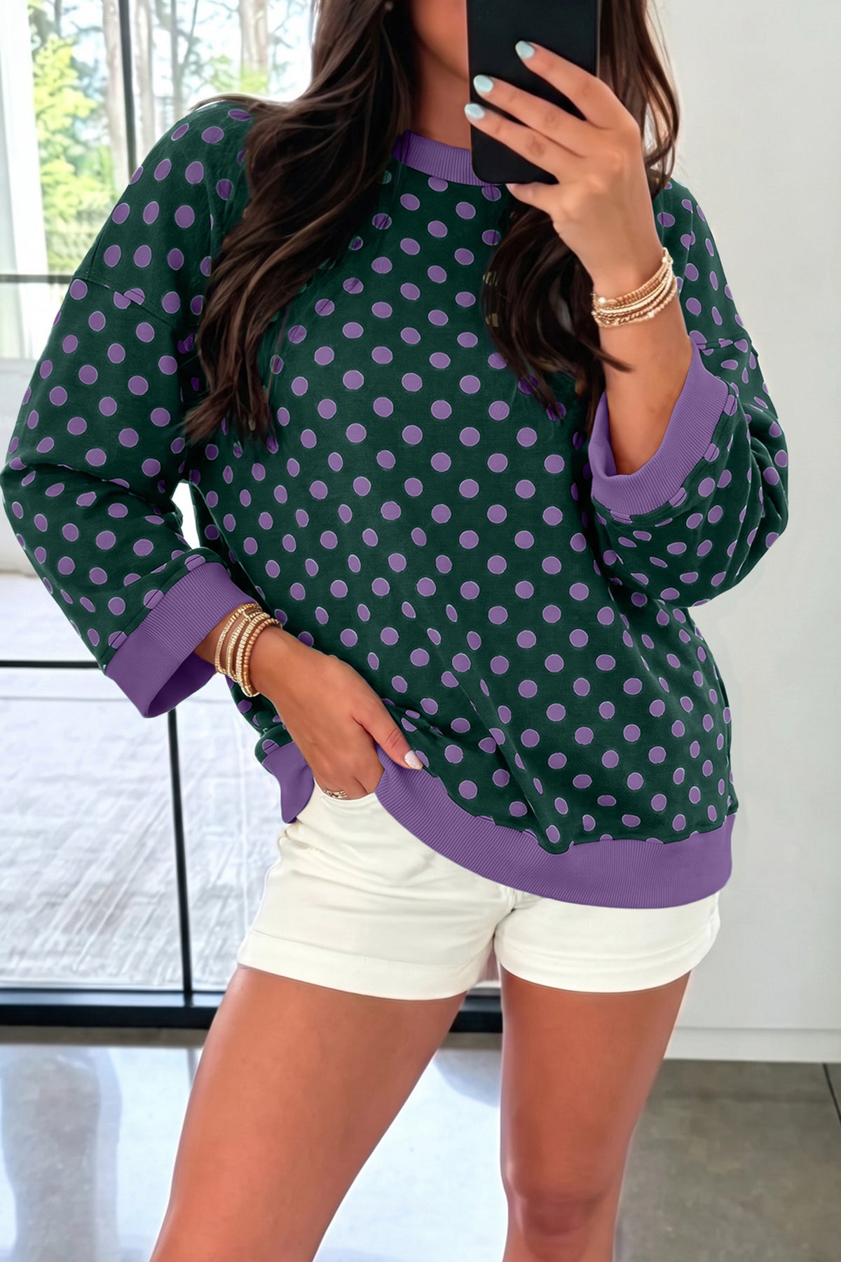 Blue Polka Dot Print Contrast Trim Round Neck Bracelet Sleeve Top