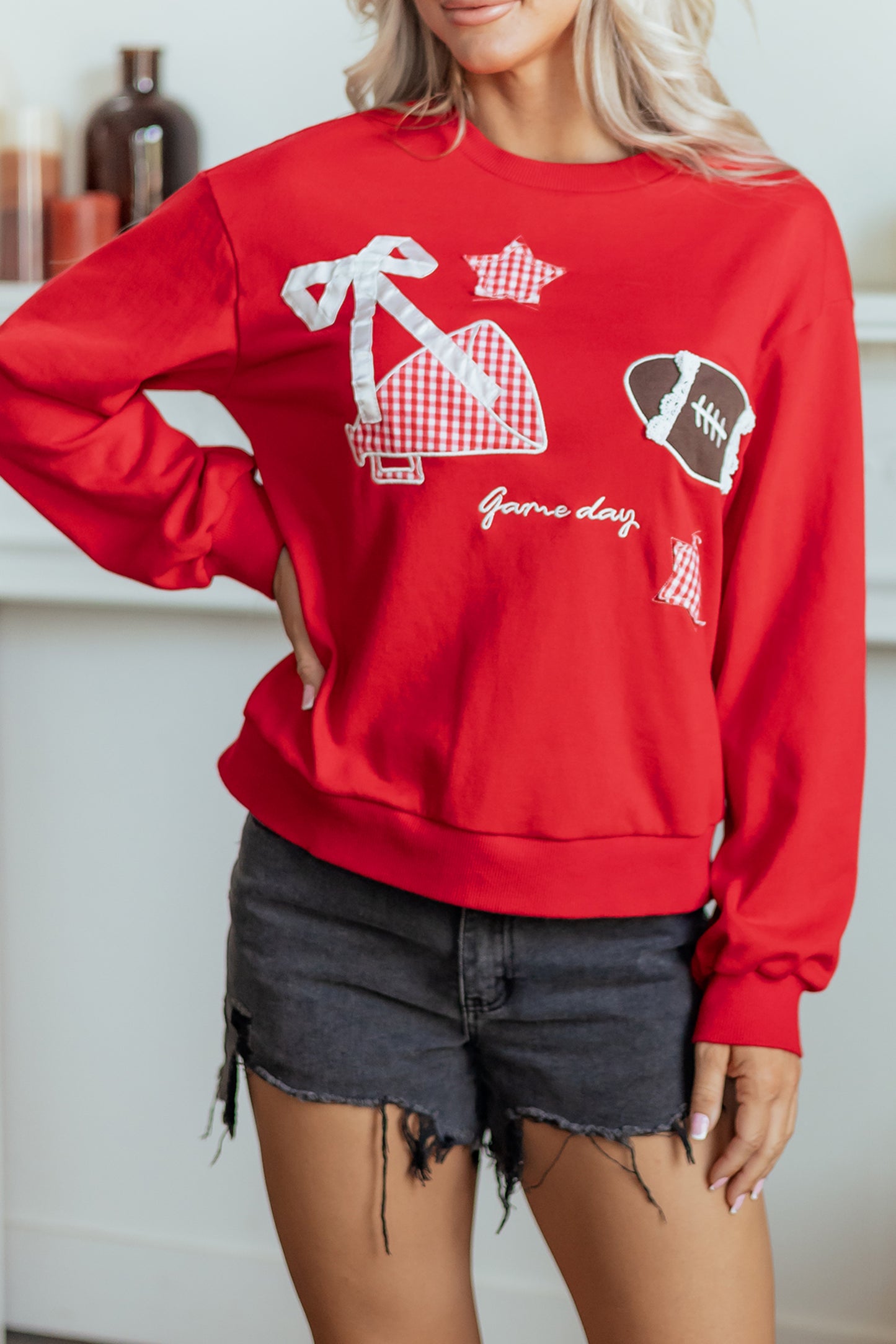 Racing Red Gingham Patch Embroidered Rugby Game Day Stars Sweatshirt