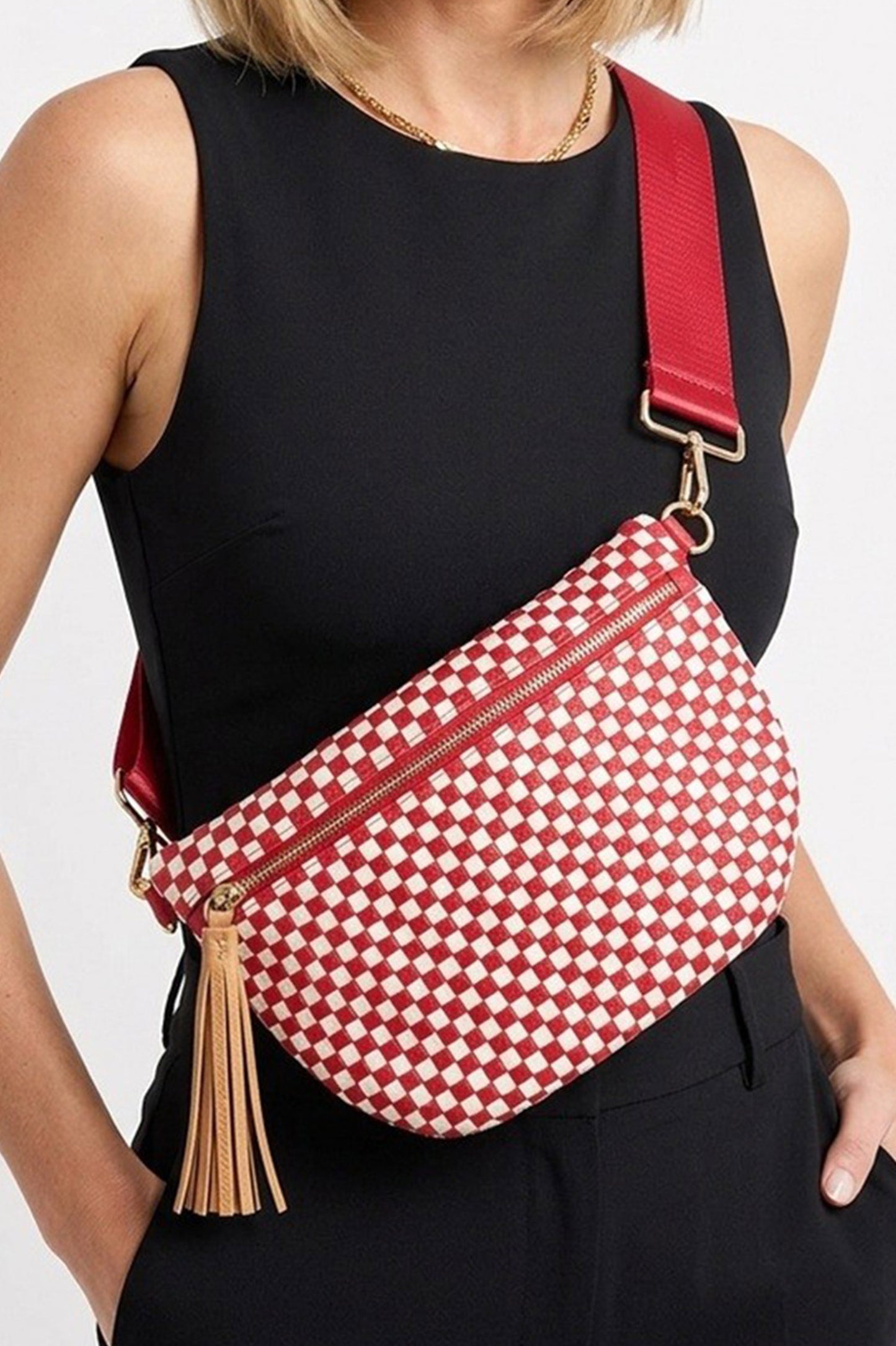 White Checkered Woven PU Leather Crossbody Bag Adjustable Strap Large Size