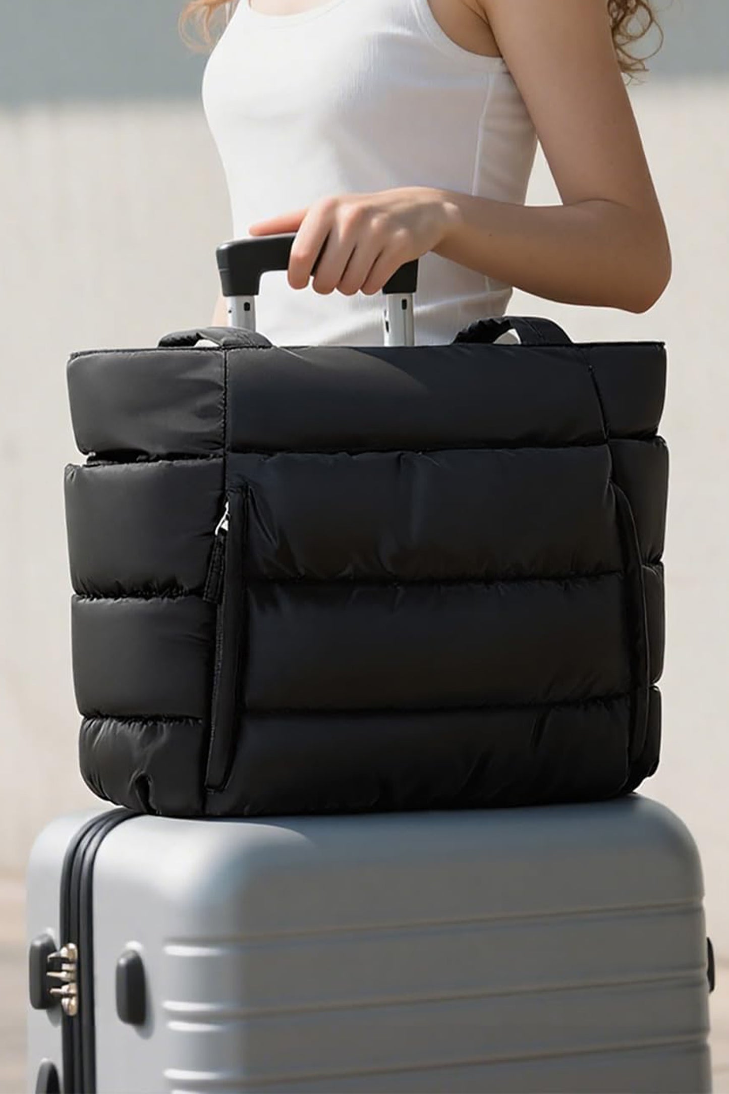 Color black Solid Color Puffy Quilted Large Tote Bag