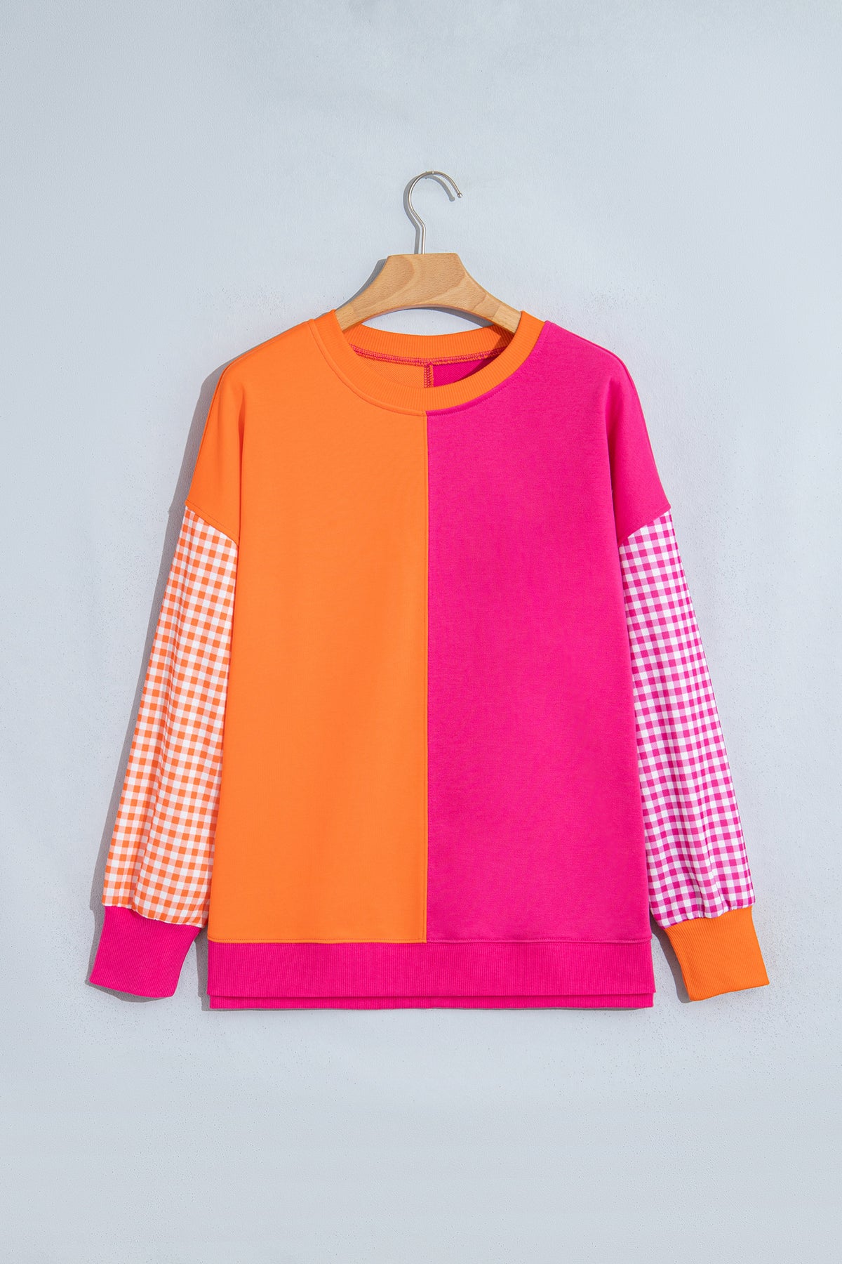Rose Red Colorblock Gingham Sleeve Crewneck Sweatshirt