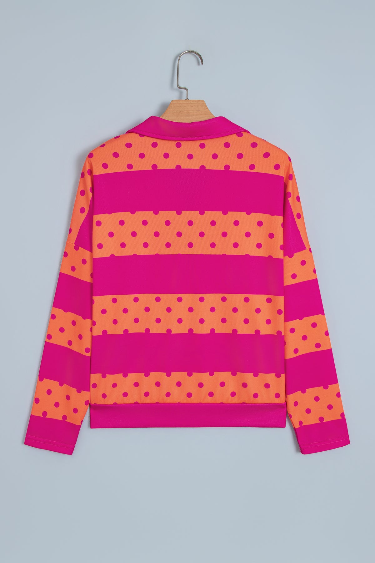 Brown Stripe Patchwork Polka Dot Accent Quarter Zip Long Sleeve Top