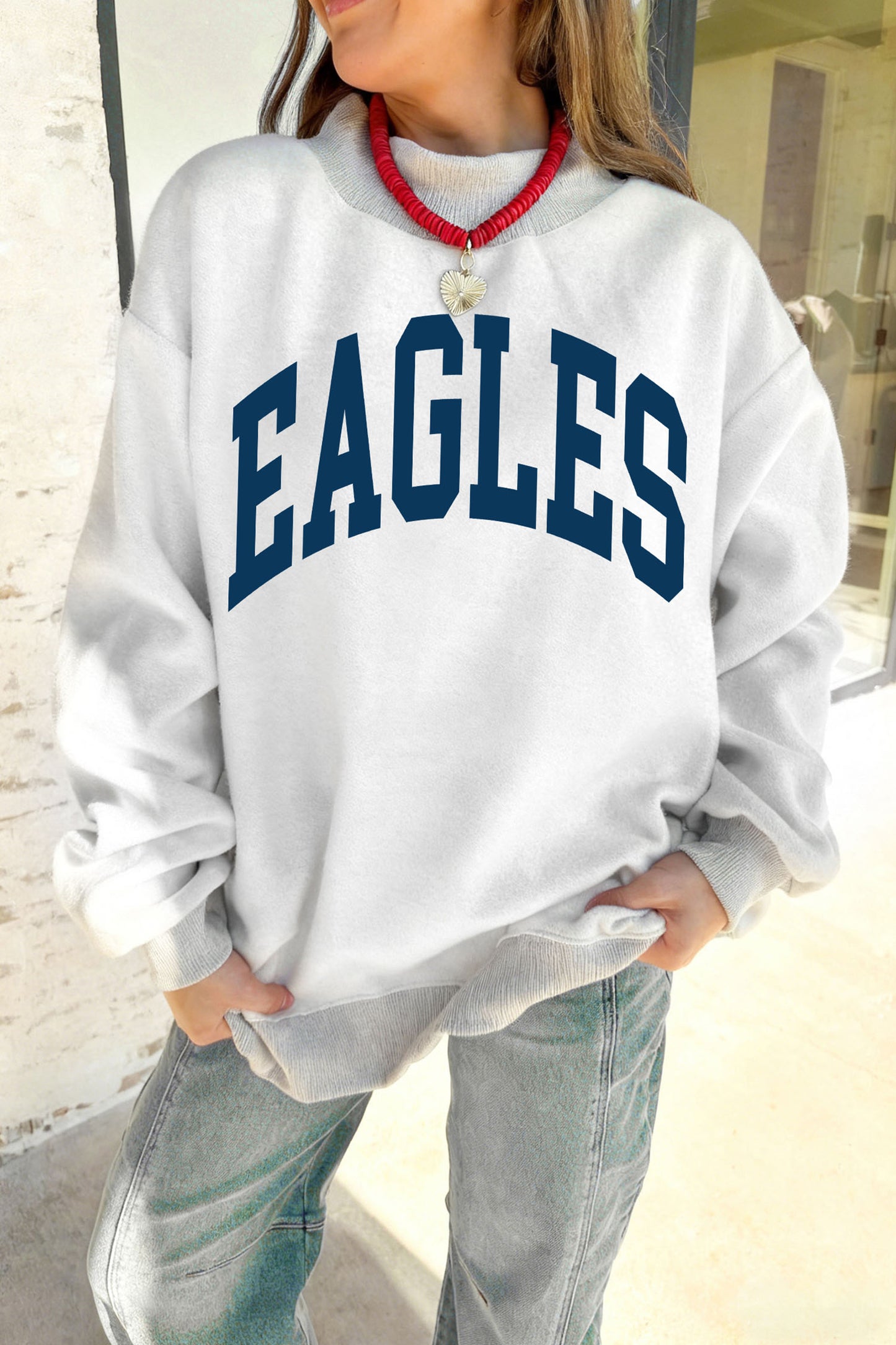 Light Grey WAR DAMN/ EAGLES Double Side Print High Neck Baggy Sweatshirt