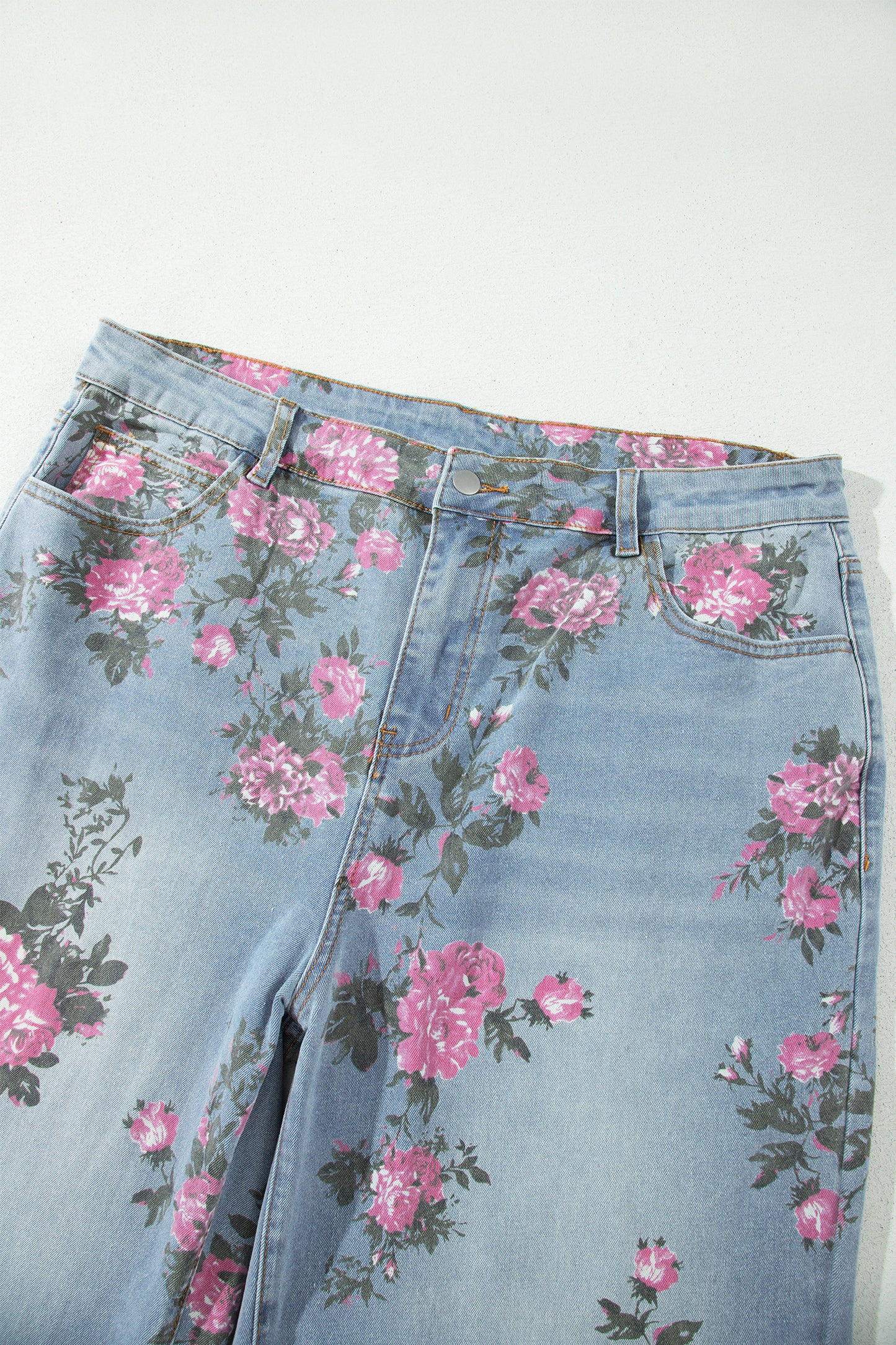 Sky Blue Plus Size Floral Print Ankle Length Loose Jeans