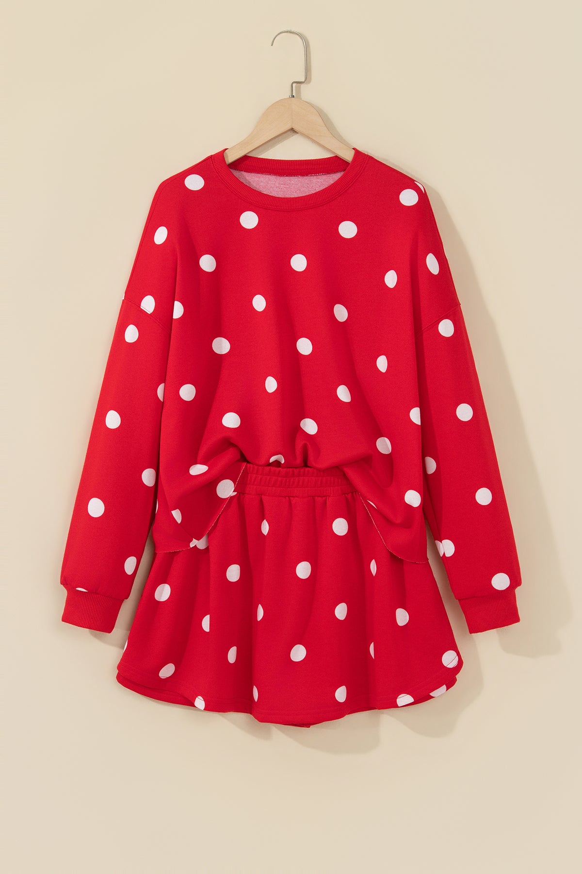 Red Polka Dot Raw Hem Relaxed Pullover Loose Skort Two Piece Set