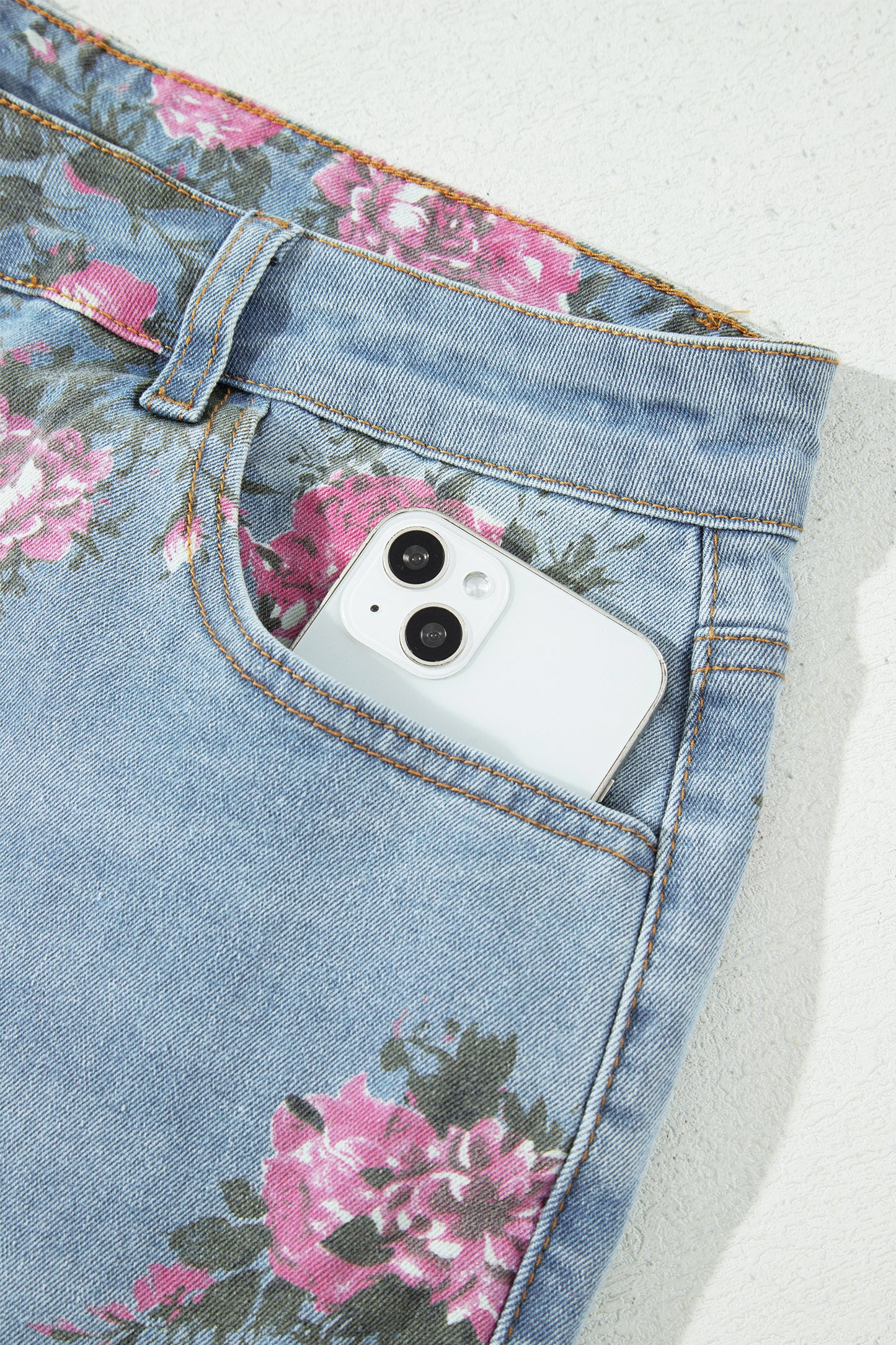 Sky Blue Plus Size Floral Print Ankle Length Loose Jeans