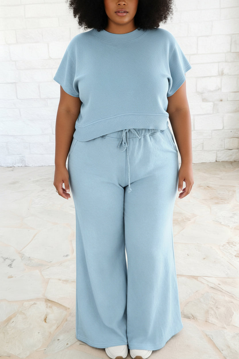 Clearly Aqua Solid Color Ribbed Trim Short Sleeve Top Drawstring Loose Pants 2pcs Outfit