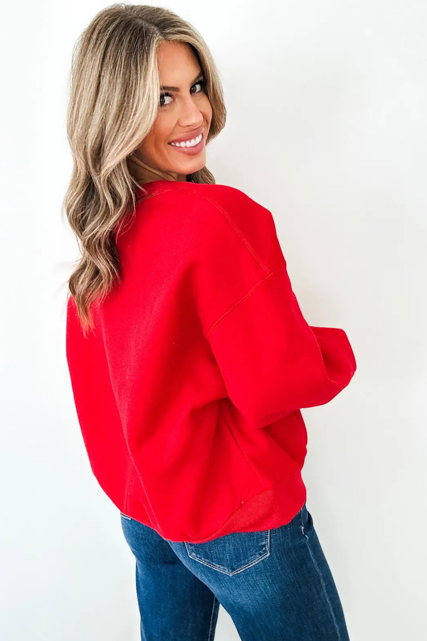 Fiery Red GAMEDAY Embroidered Patch Pattern Casual Shift Sweatshirt