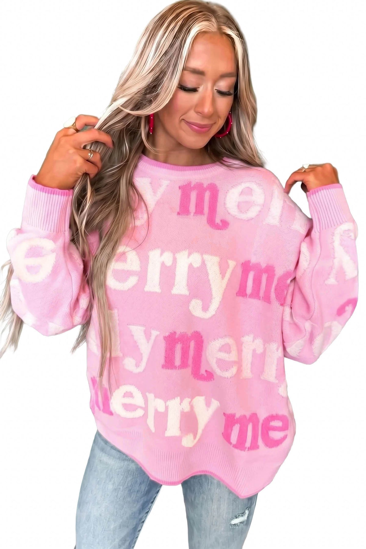 Pink All Over Merry Me Graphic Round Neck Knit Sweater
