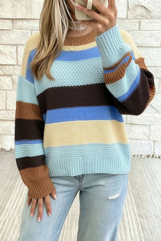 Multicolour Color Block Striped Round Neck Relaxed Sweater