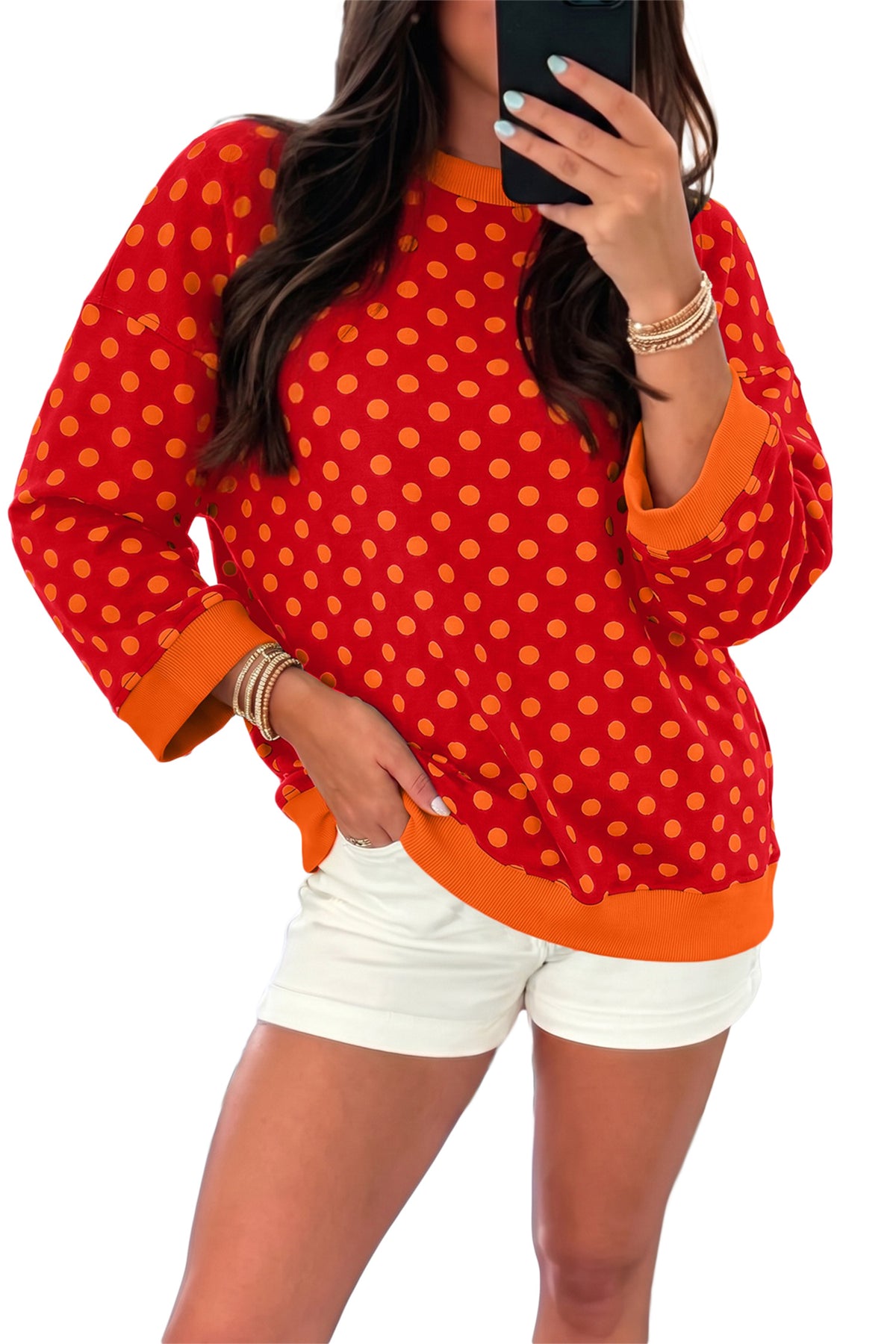 Blue Polka Dot Print Contrast Trim Round Neck Bracelet Sleeve Top