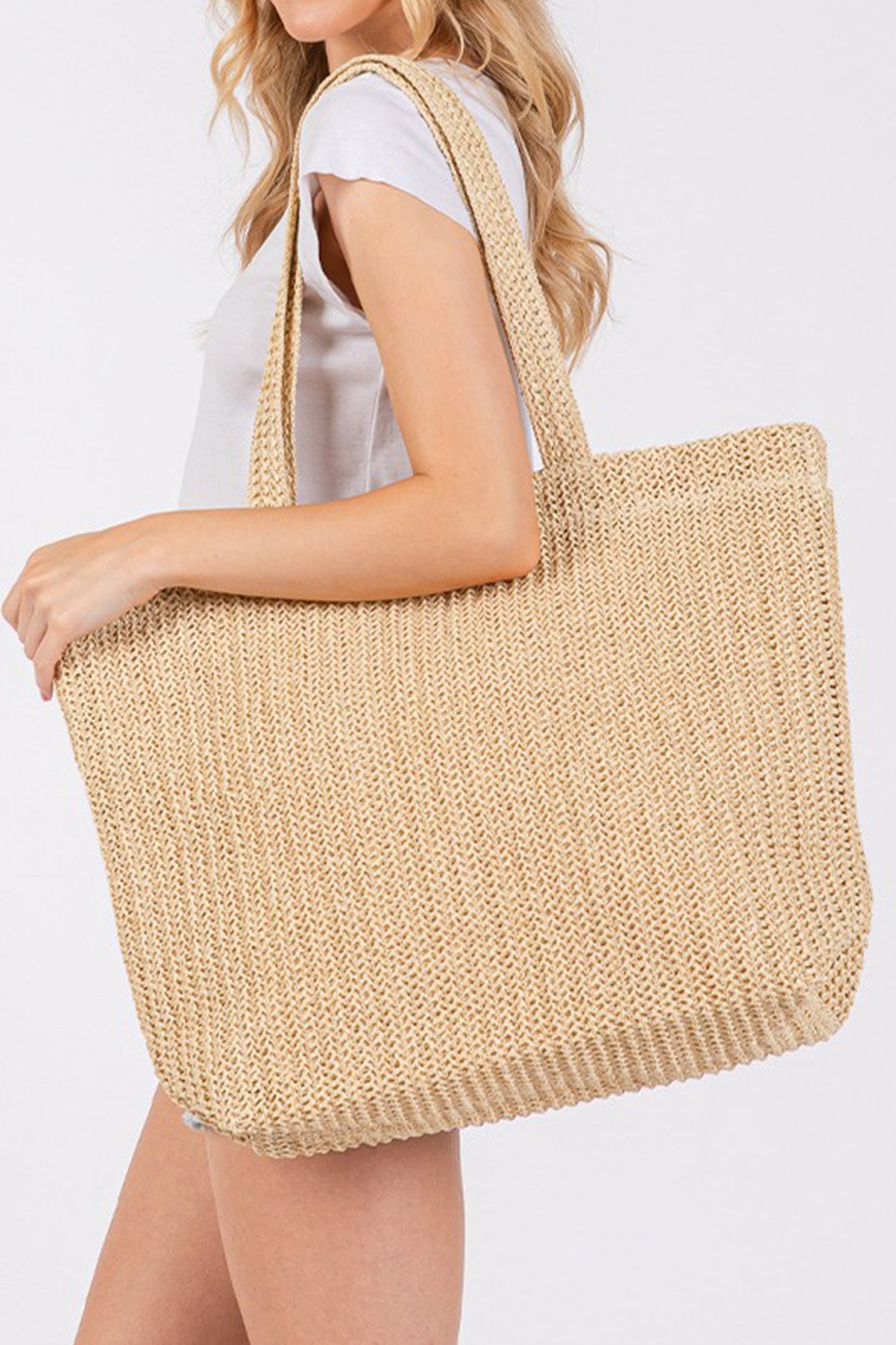 Parchment Solid Color Straw Woven Summer Beach Tote Bag
