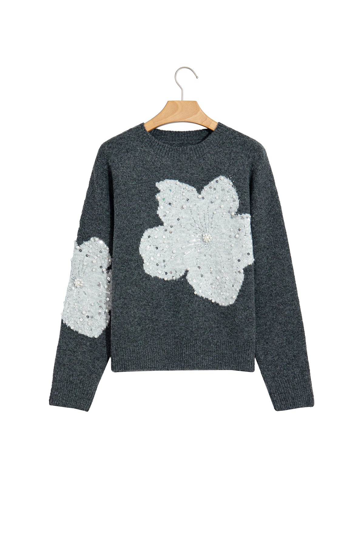 Dark Grey Beaded Floral Accent Casual Round Neck Sweater
