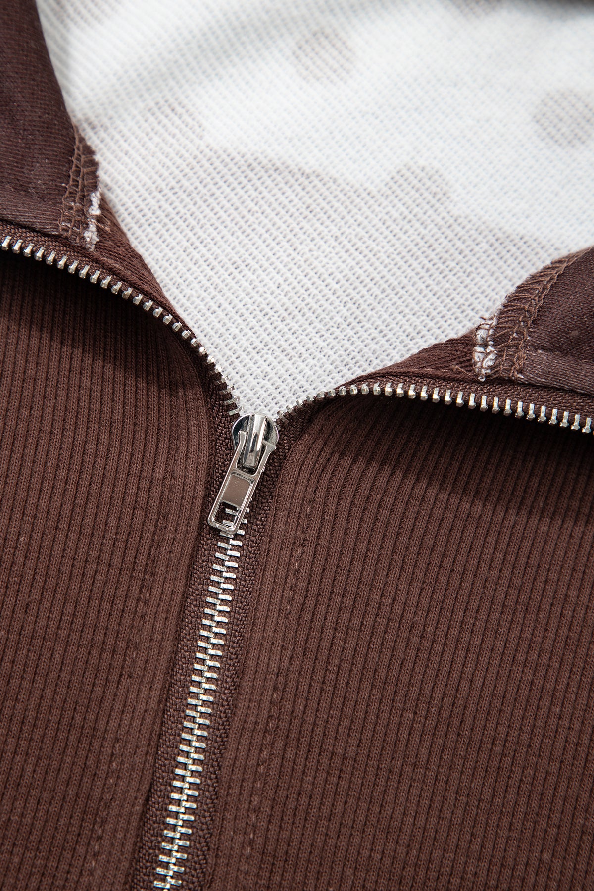 Brown Stripe Patchwork Polka Dot Accent Quarter Zip Long Sleeve Top