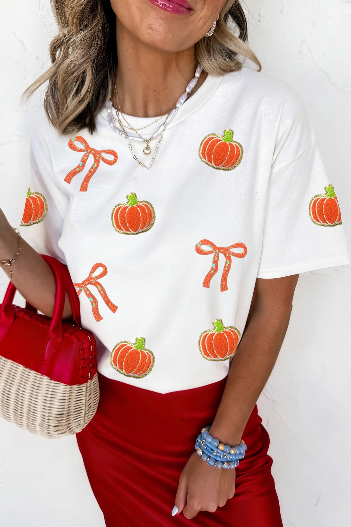 White Sequin Chenille Pumpkin Bow Pattern Casual Short T Shirt