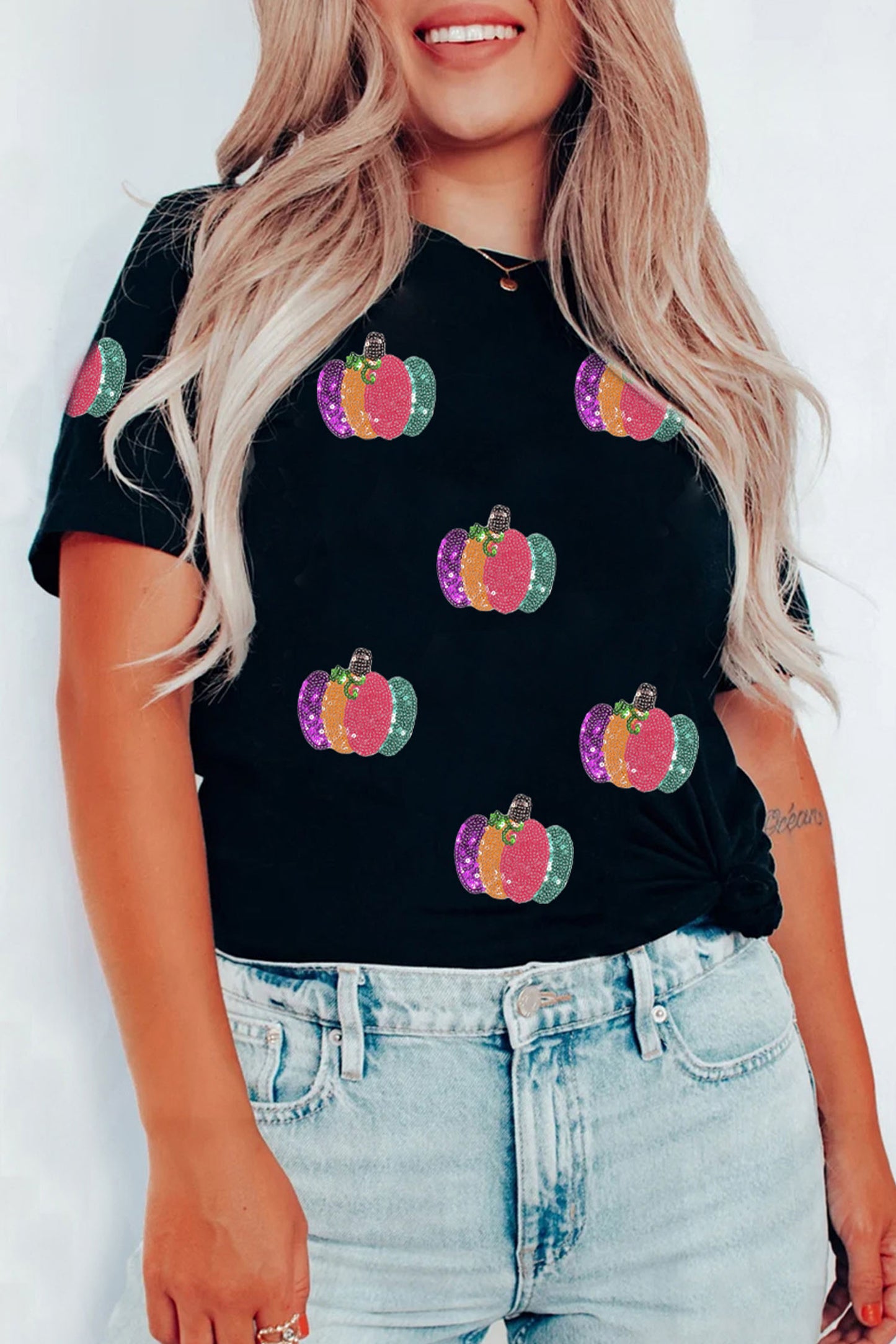 Black Sequined Pumpkin Graphic Round Neck Casual T Shirt