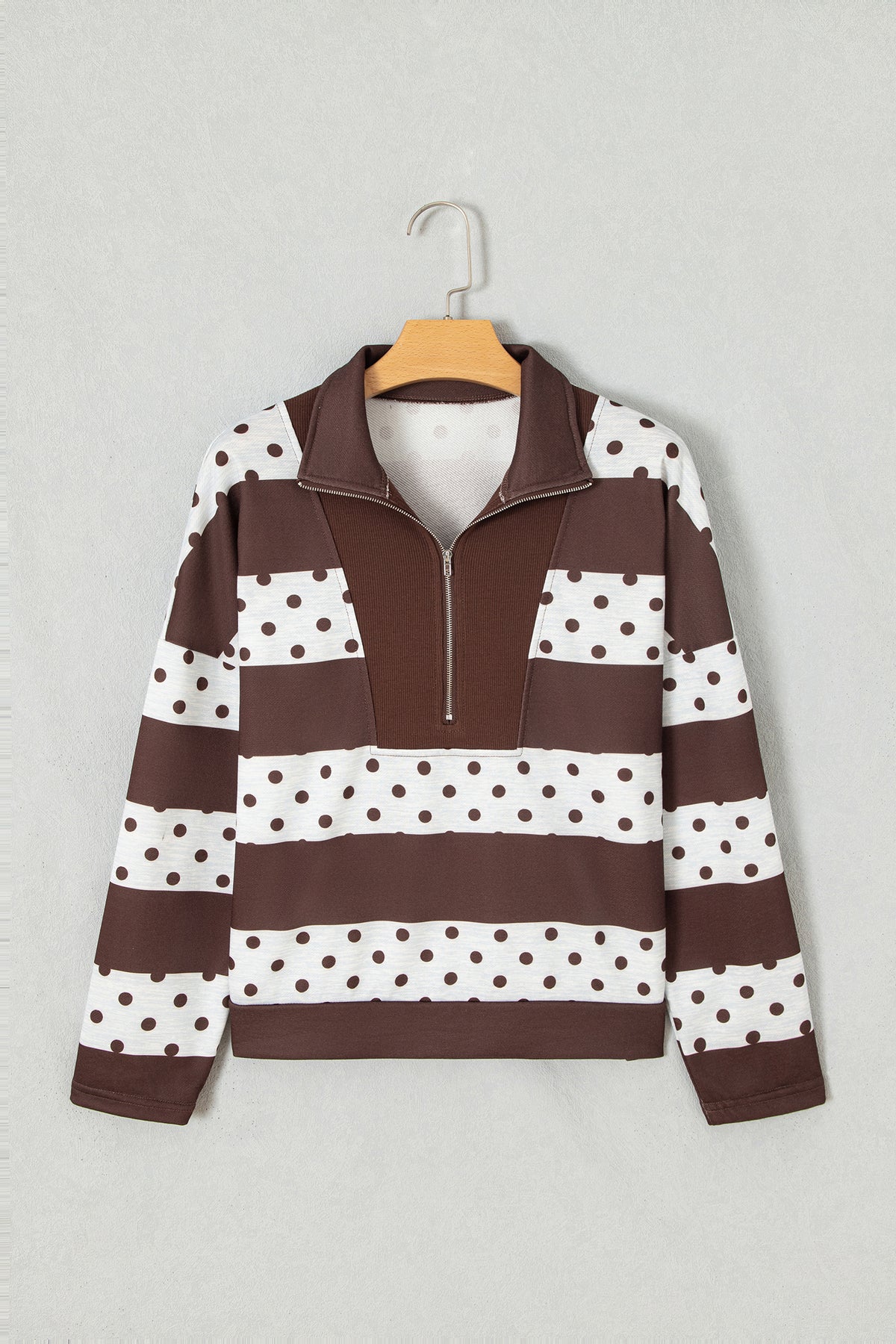 Brown Stripe Patchwork Polka Dot Accent Quarter Zip Long Sleeve Top