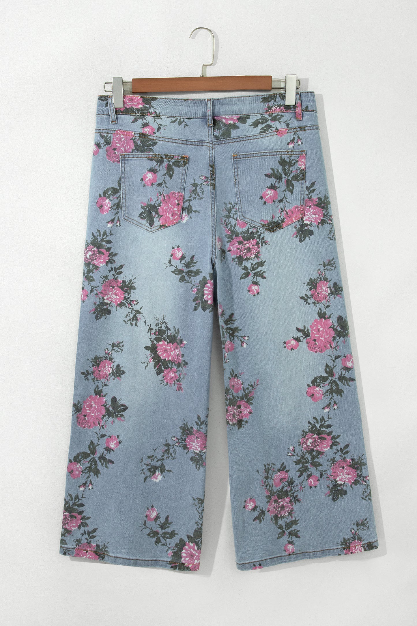 Sky Blue Plus Size Floral Print Ankle Length Loose Jeans