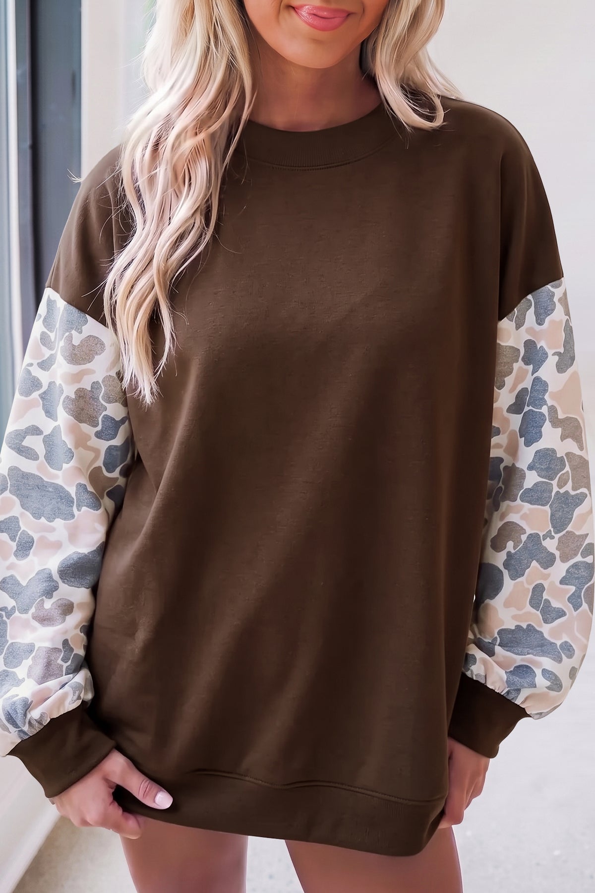 Coffee Camouflage Sleeve Crewneck Baggy Pullover Sweatshirt
