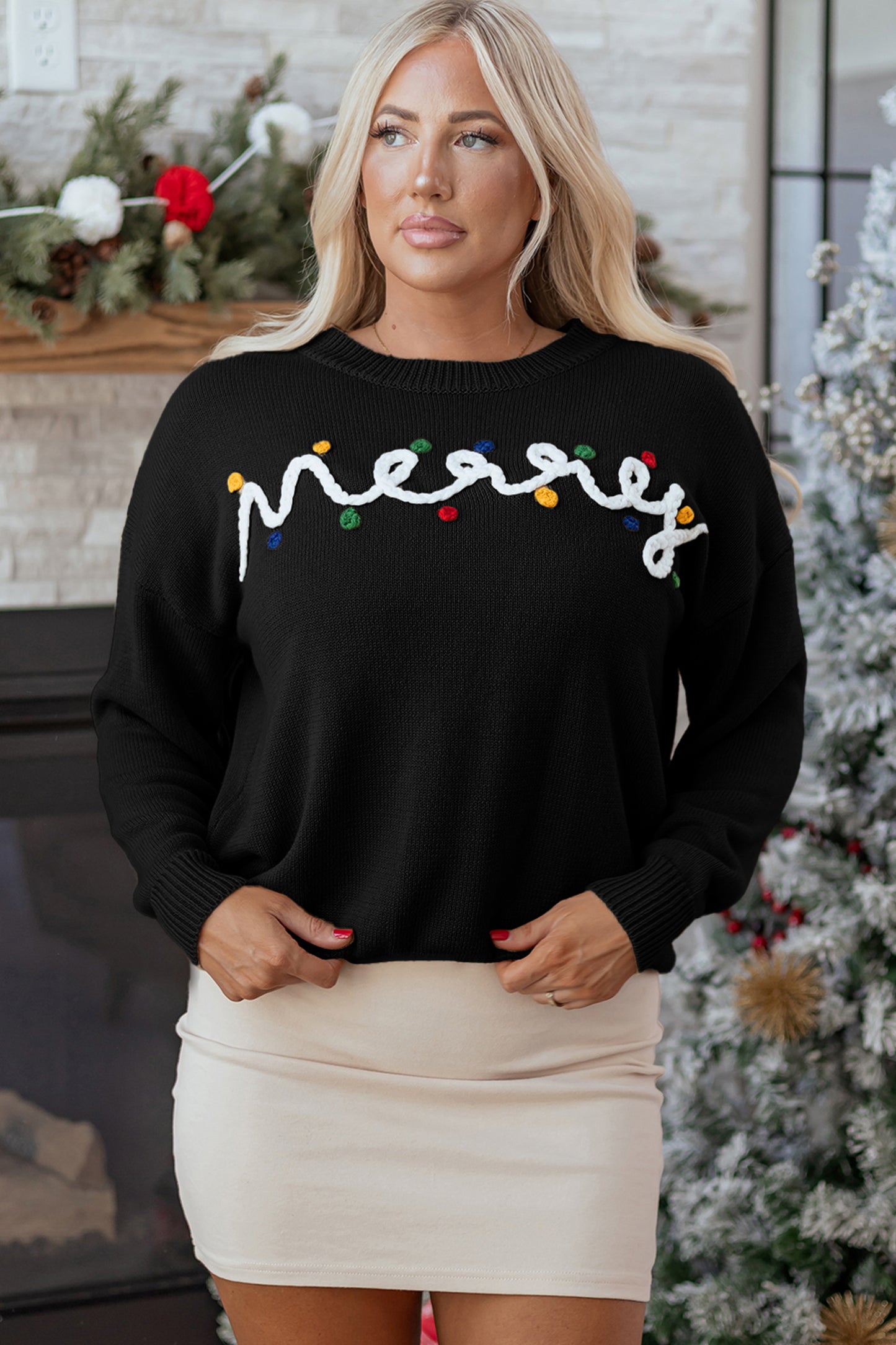 Racing Red Merry Colorful Dot Detail Christmas Drop Shoulder Sweater