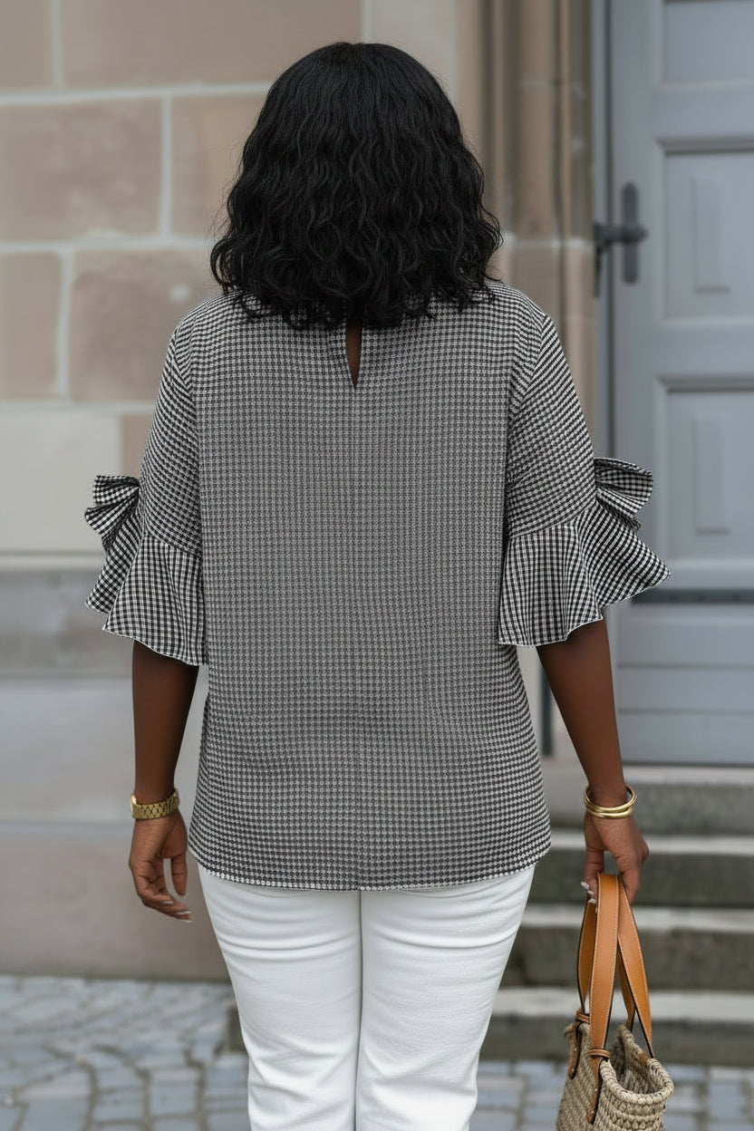Black Plus Size Plaid Bow Decor Bell Sleeve Round Neck Jumper