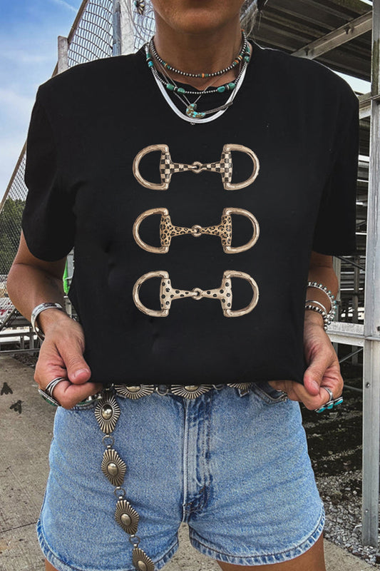 Black Western Horse Bit Printed Relaxed T Shirt