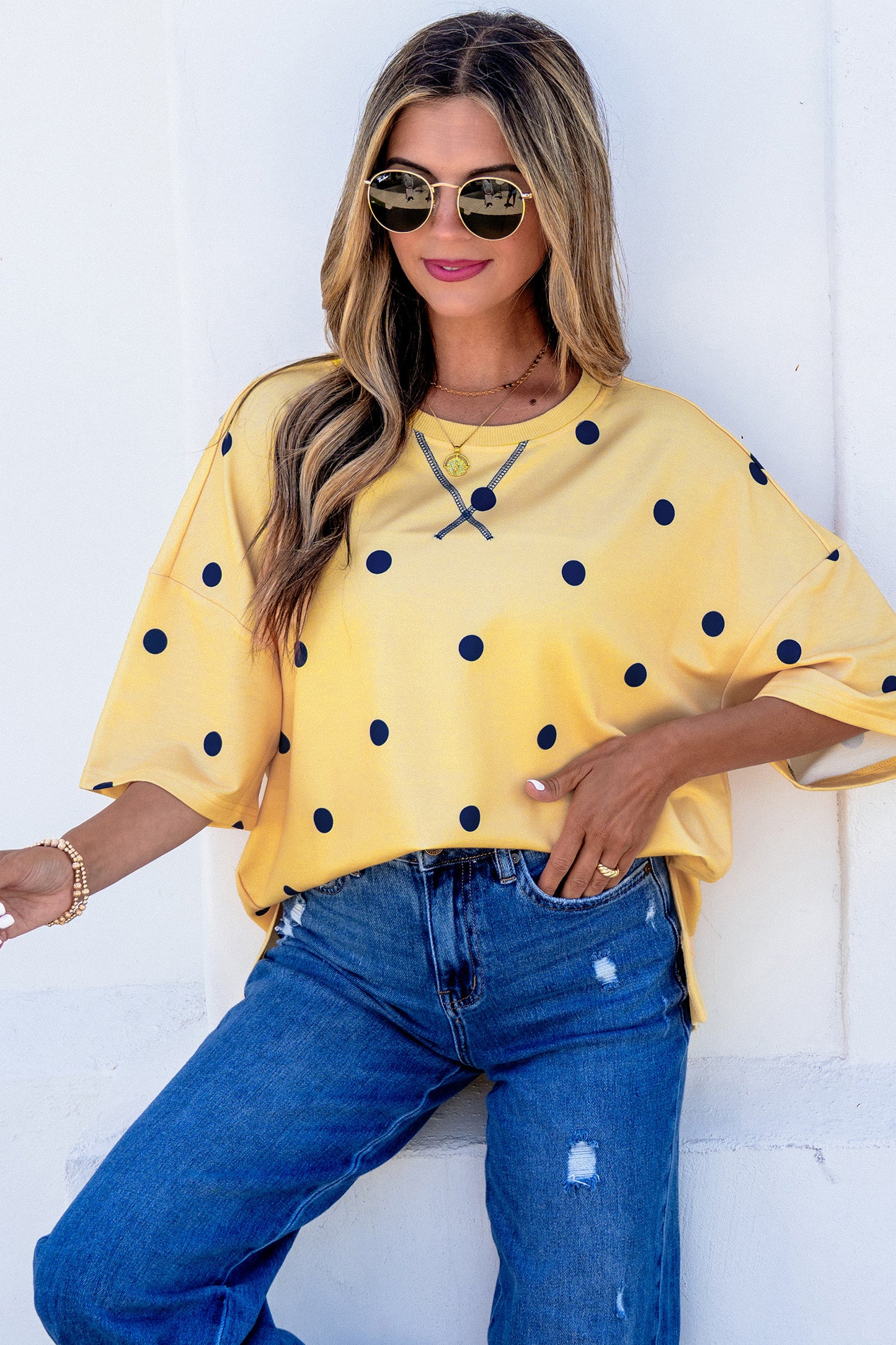 Yellow Polka Dot Print Crossed Seam Detail Oversize Tee