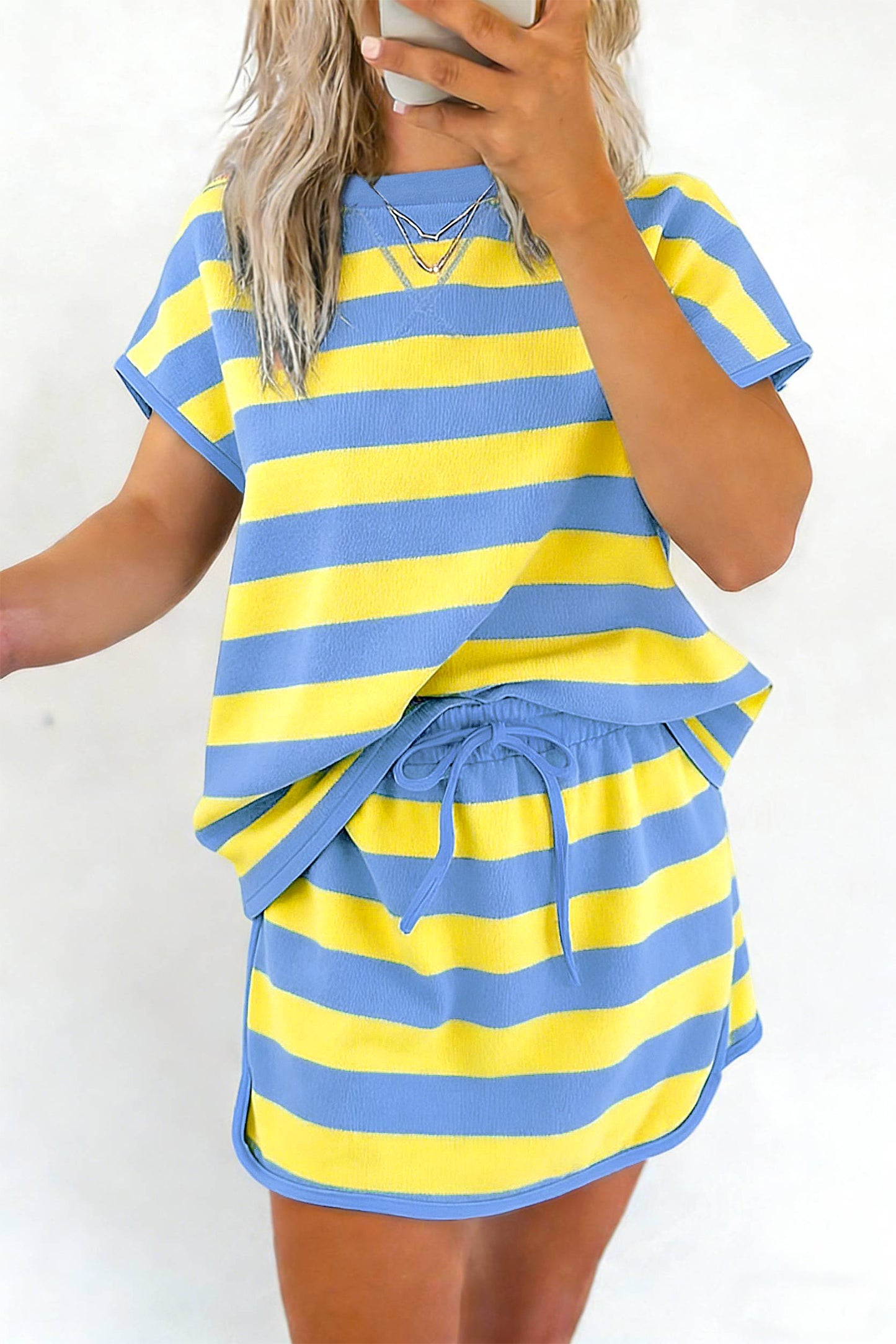 Pink Stripe Dolman Tee Drawstring Skort Athletic 2pcs Set