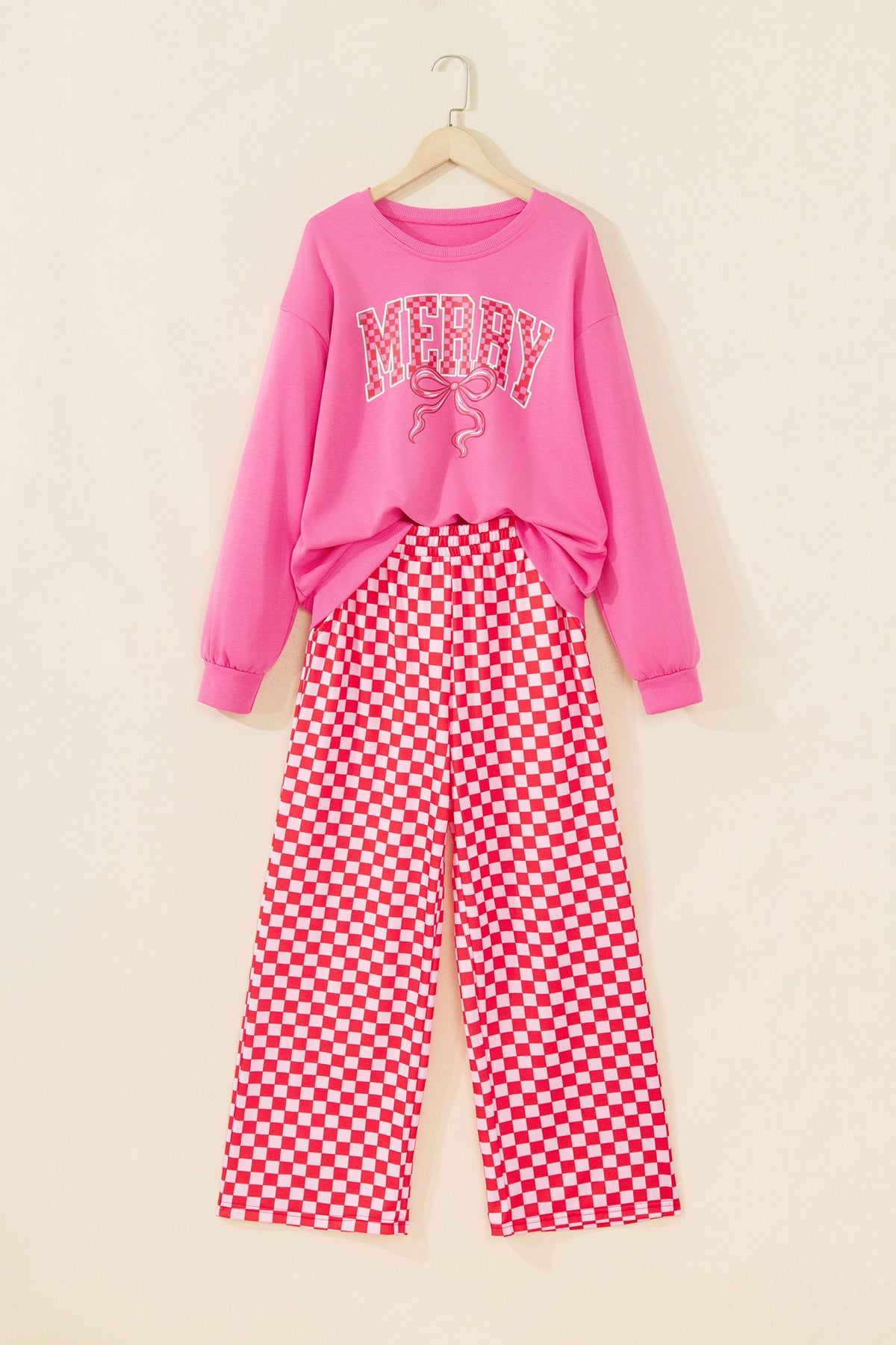 Pink Christmas Slogan Graphic Plaid Contrast Two-piece Pant Set