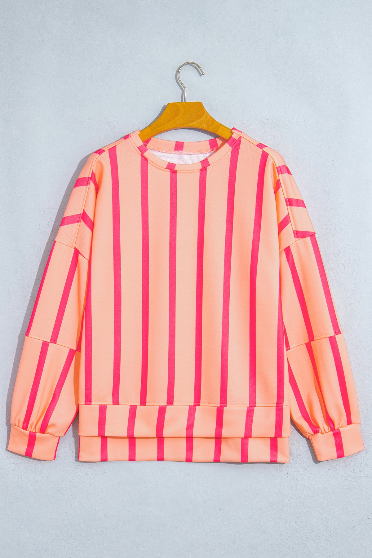 Pink Stripe Dropped Shoulder Round Neck Casual Sweatshirt