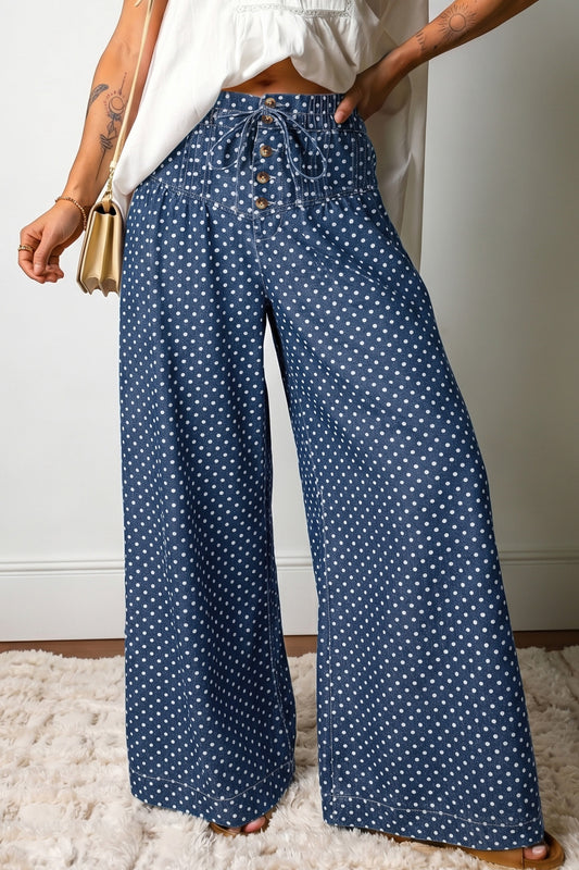 Sky Blue Polka Dot Print Button Pleated Detail Wide Leg Jeans